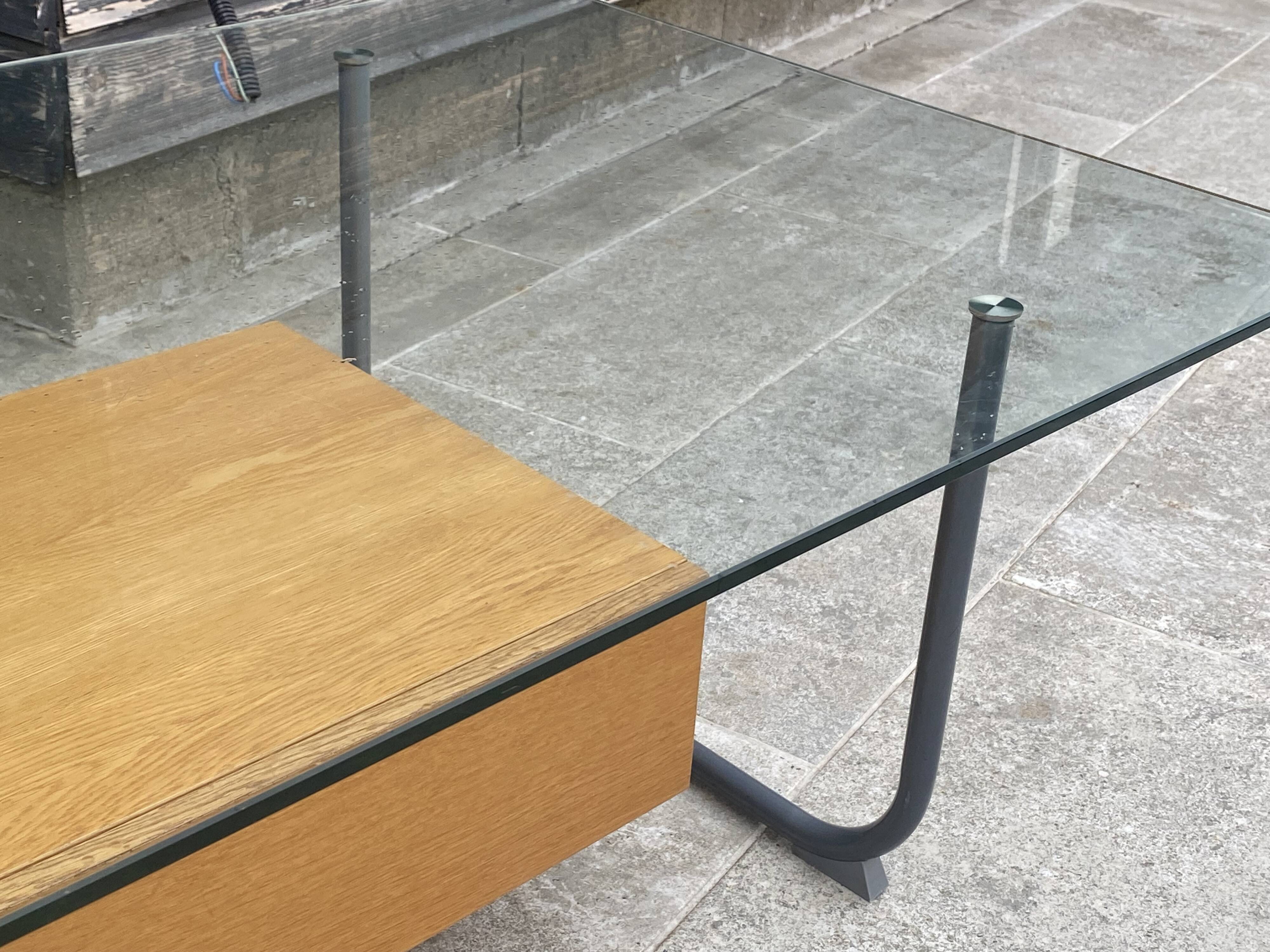 Table basse tubulaire en verre et bois, 1 tiroir, Ikea 1990