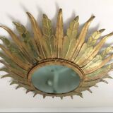 Chandelier / ceiling light golden sun metal glass, 1960s