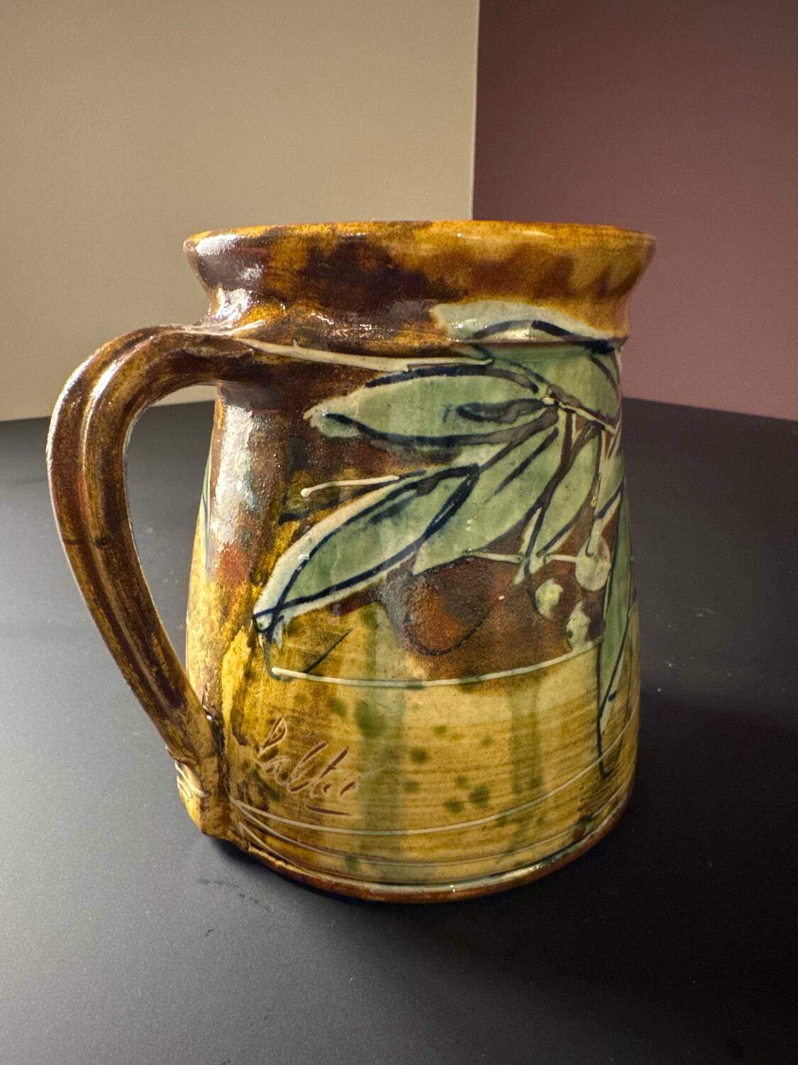 Provençal pitcher in ceramic signed Galtié – olive leaf decoration