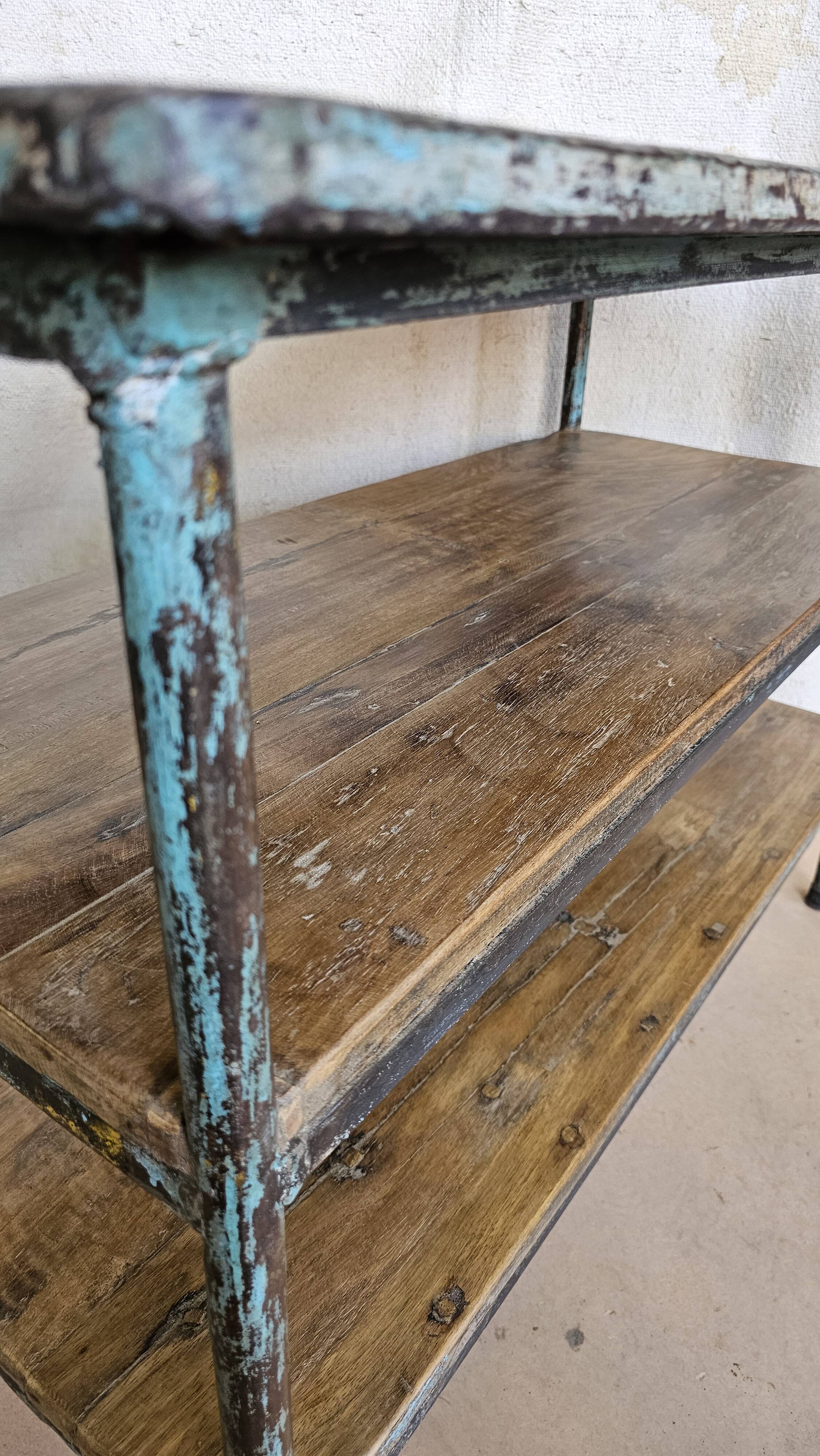 Old workshop console in teak and wrought iron