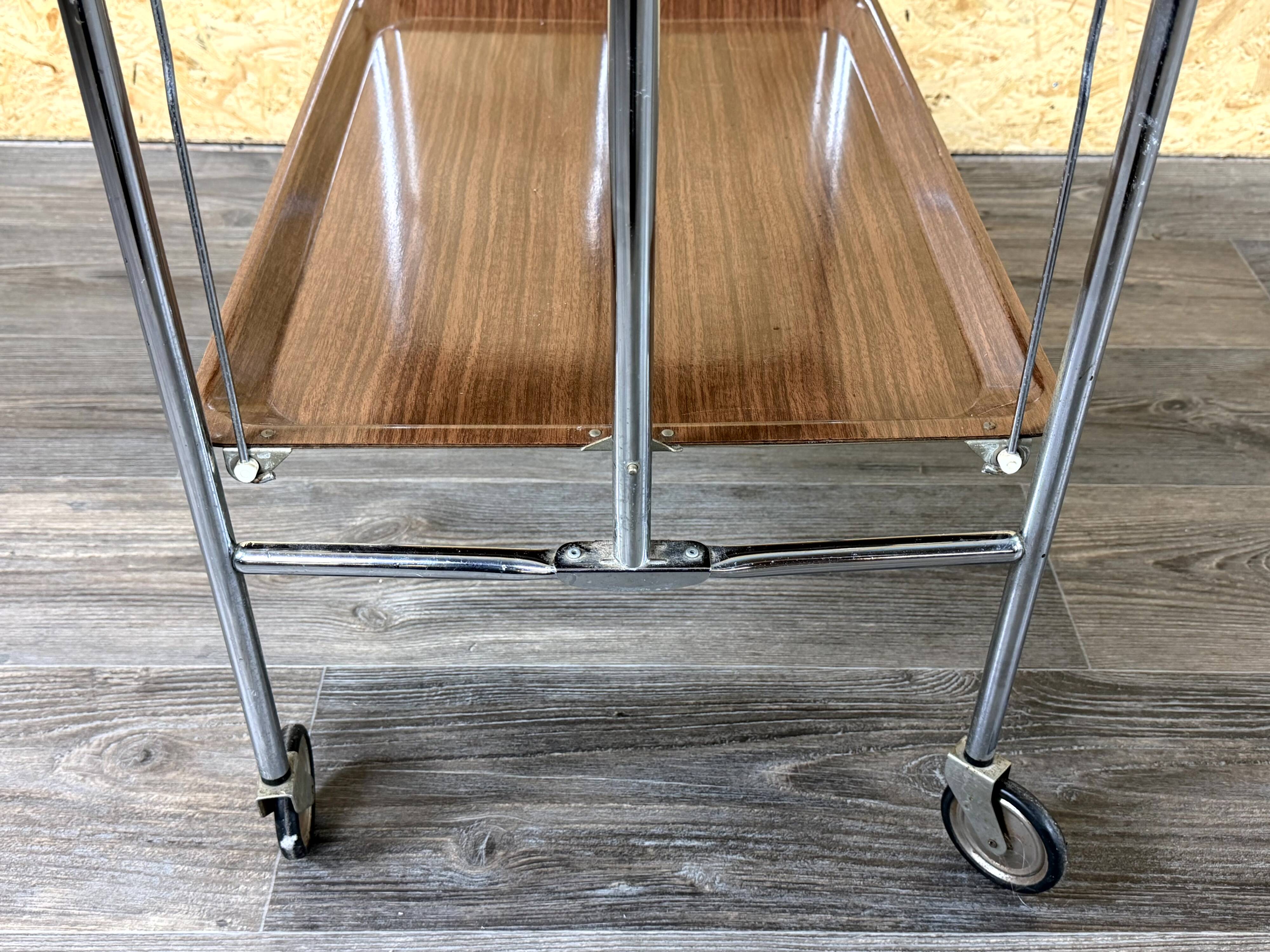 1960s 1970s Serving Cart Dinette Side Table Space Age Design Chrome Brown