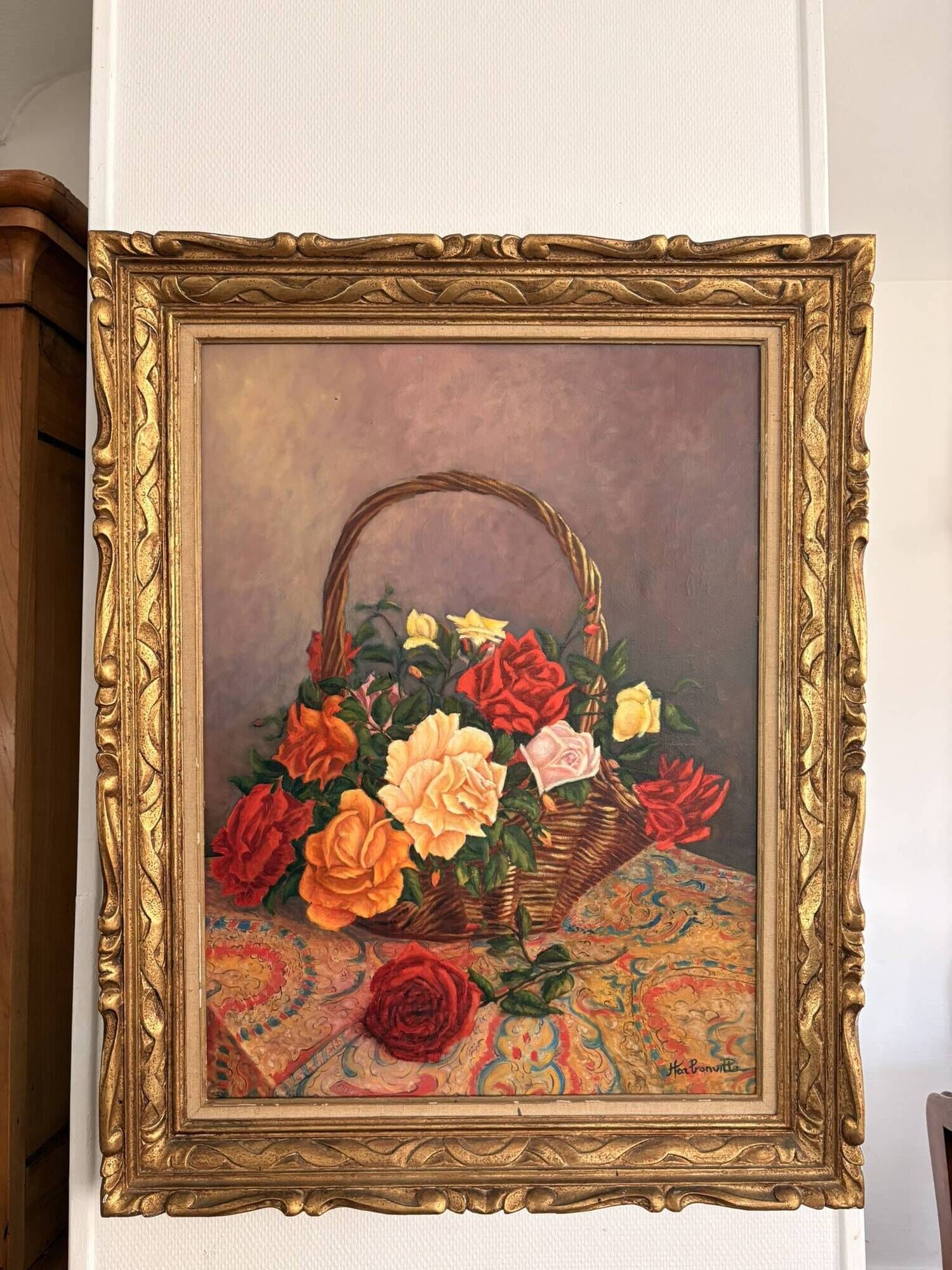 Old Oil Painting Canvas Still Life Rose Flowers Bouquet Signed