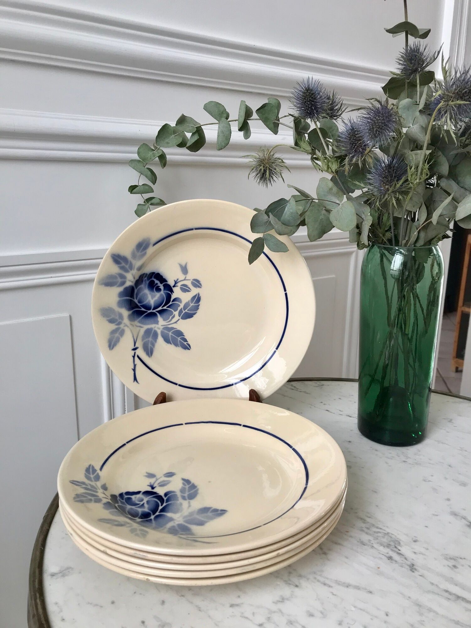 Set of 6 flat plates blue flowers Saint-Amand years 30-40