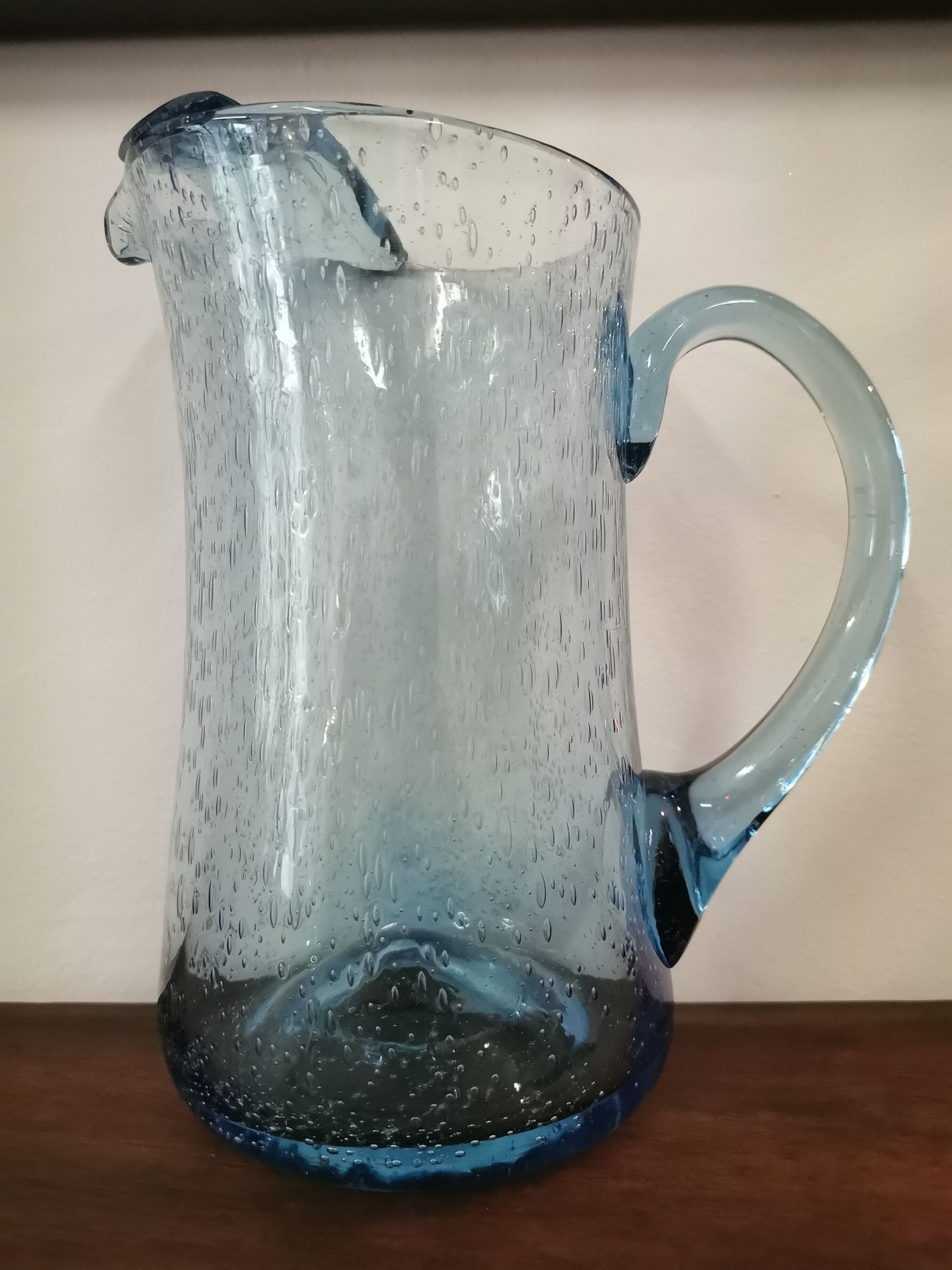 Vintage pitcher in blue bubbled glass Biot unsigned