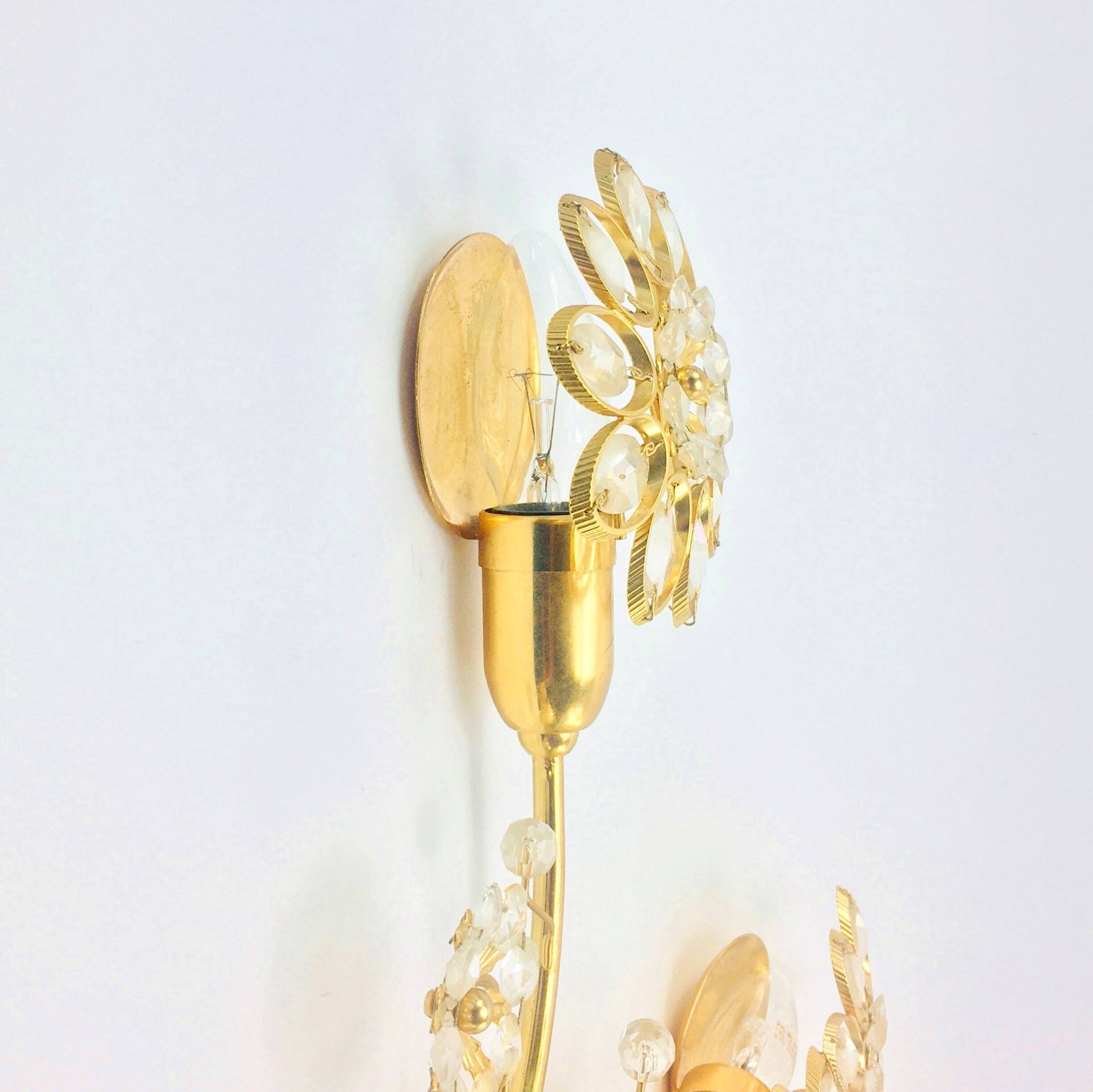 Pair of Extra Large Mid Century Gilt Brass & Crystal Flower Shape Wall Lights from Palwa, Germany