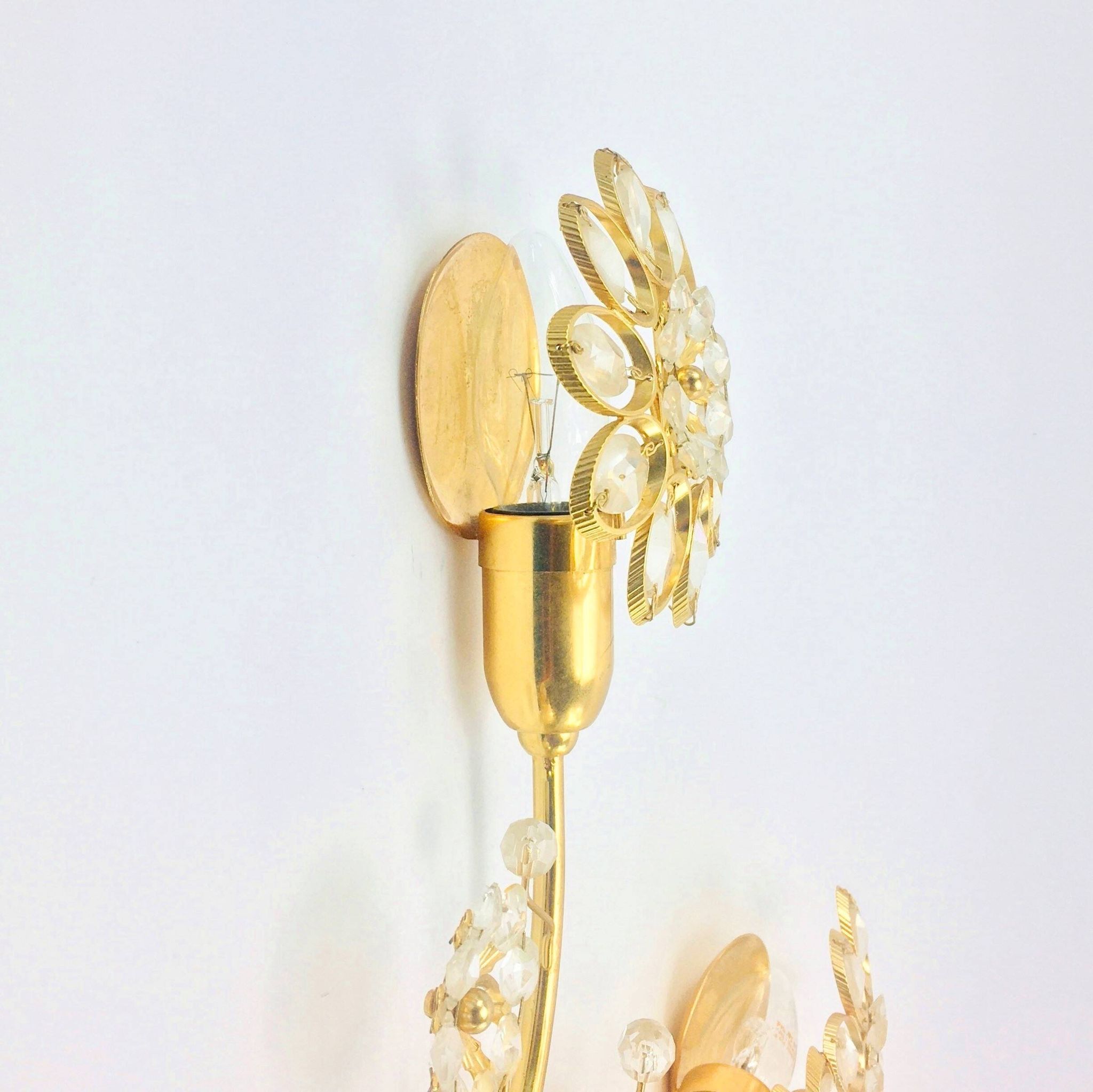 Pair of Extra Large Mid Century Gilt Brass & Crystal Flower Shape Wall Lights from Palwa, Germany