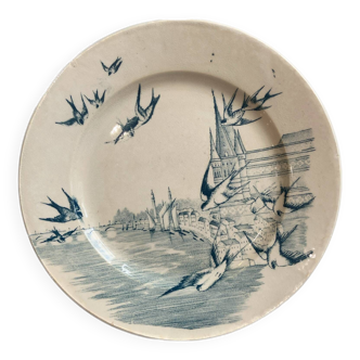 Opaque porcelain dessert plate with swallow, monument and port decoration