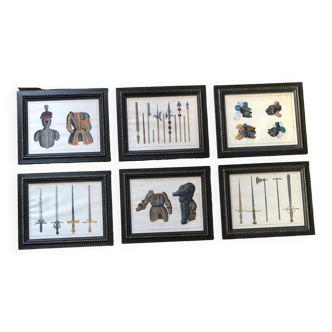 Lot 6 framed engravings with Middle Ages weapons theme
