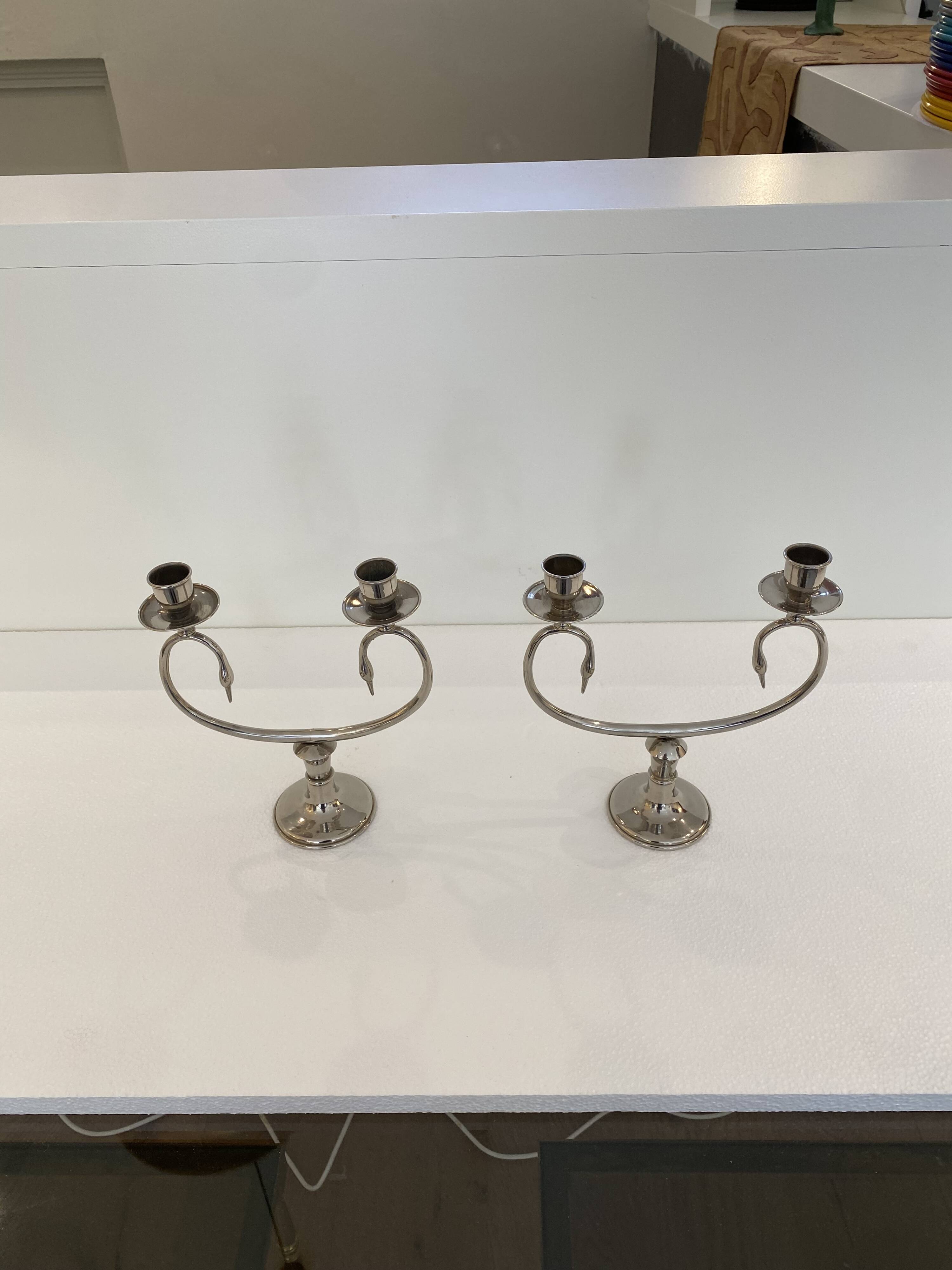 Silver Plated Pair Double Swan Candelabra Candleholders Sculptural 1970s
