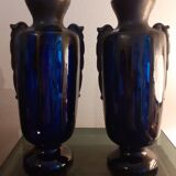 Paire de vases en grés émaillé bleu brillant et glaçure marron. art nouveau.