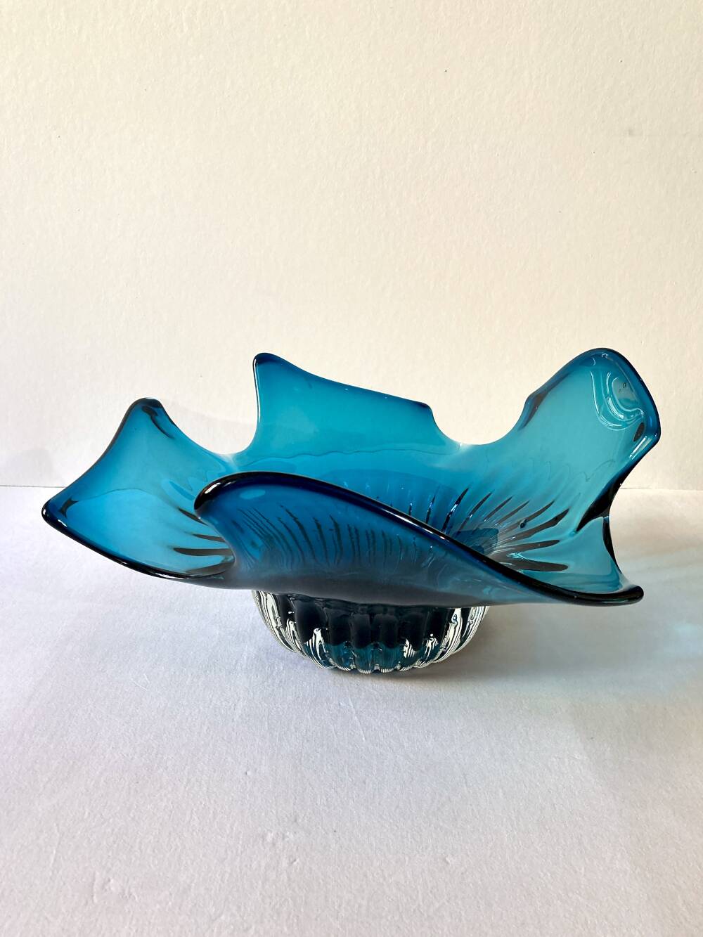 Large blue blown glass fruit bowl