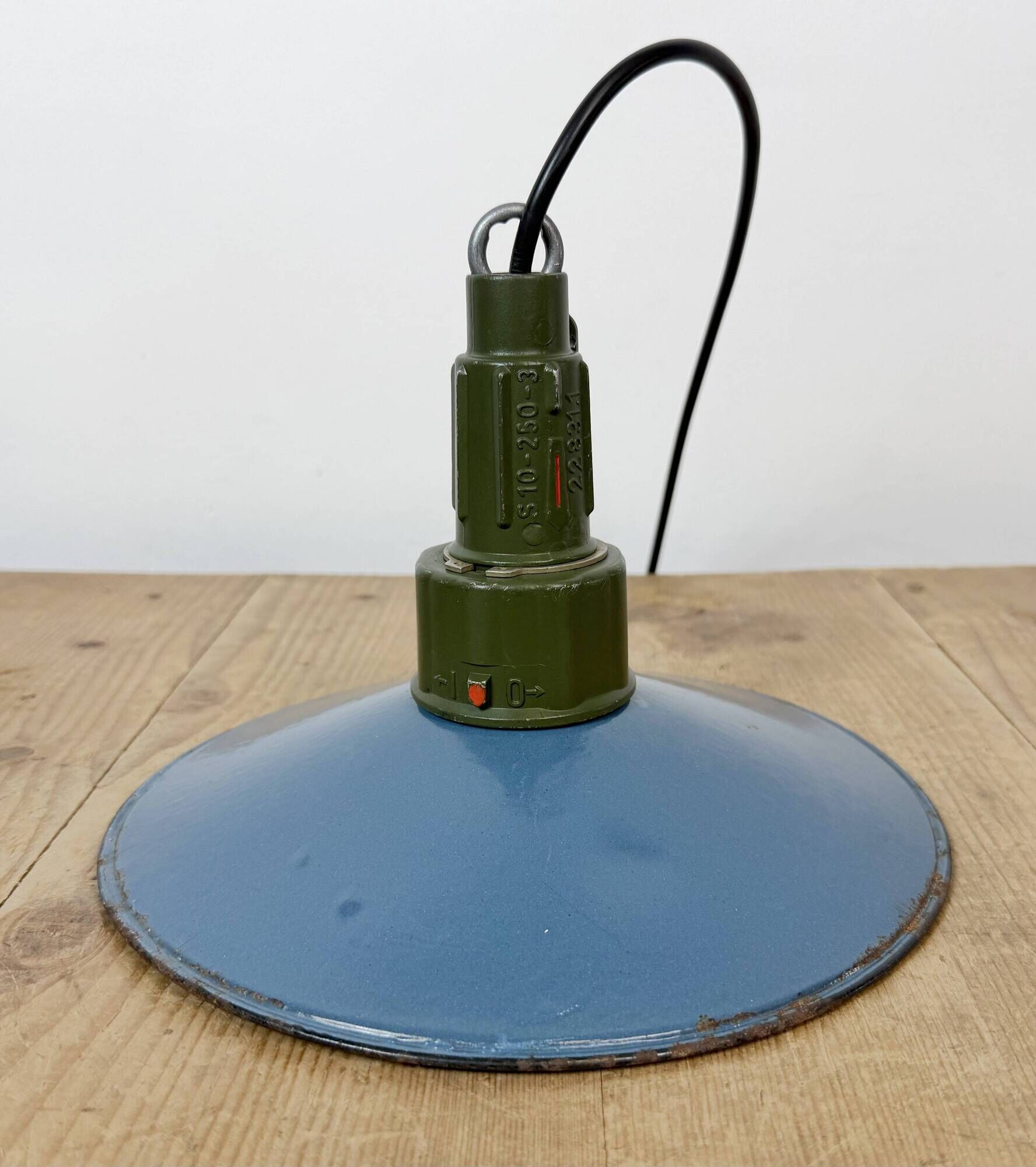 Industrial Blue Enamel Military Pendant Lamp with Cast Aluminium Top, 1960s