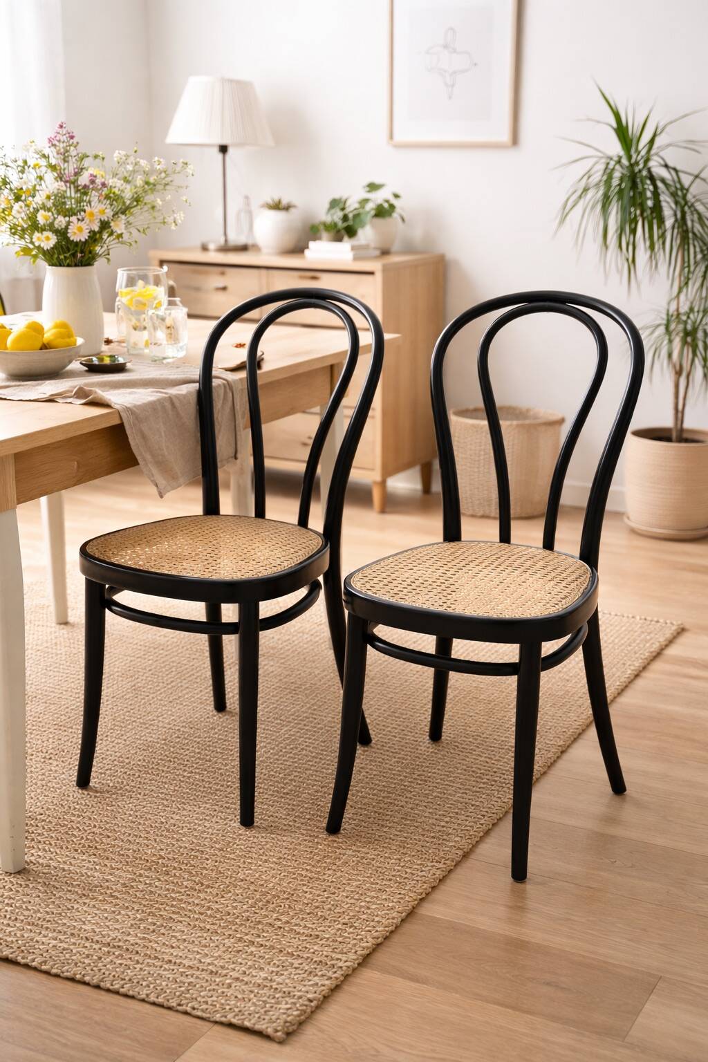 Pair of black curved wooden bistro chairs with caning in Thonet style.