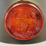 Swedish hanging lamp, in dark green lacquered metal with red glass prisms and brass top/suspension.