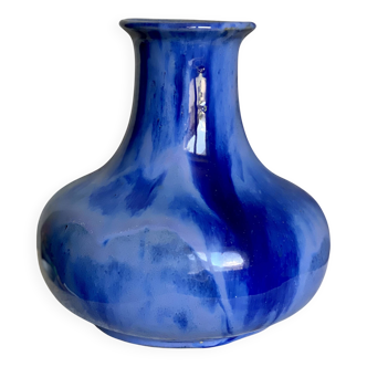 Large vintage blue flamed stoneware vase 1930