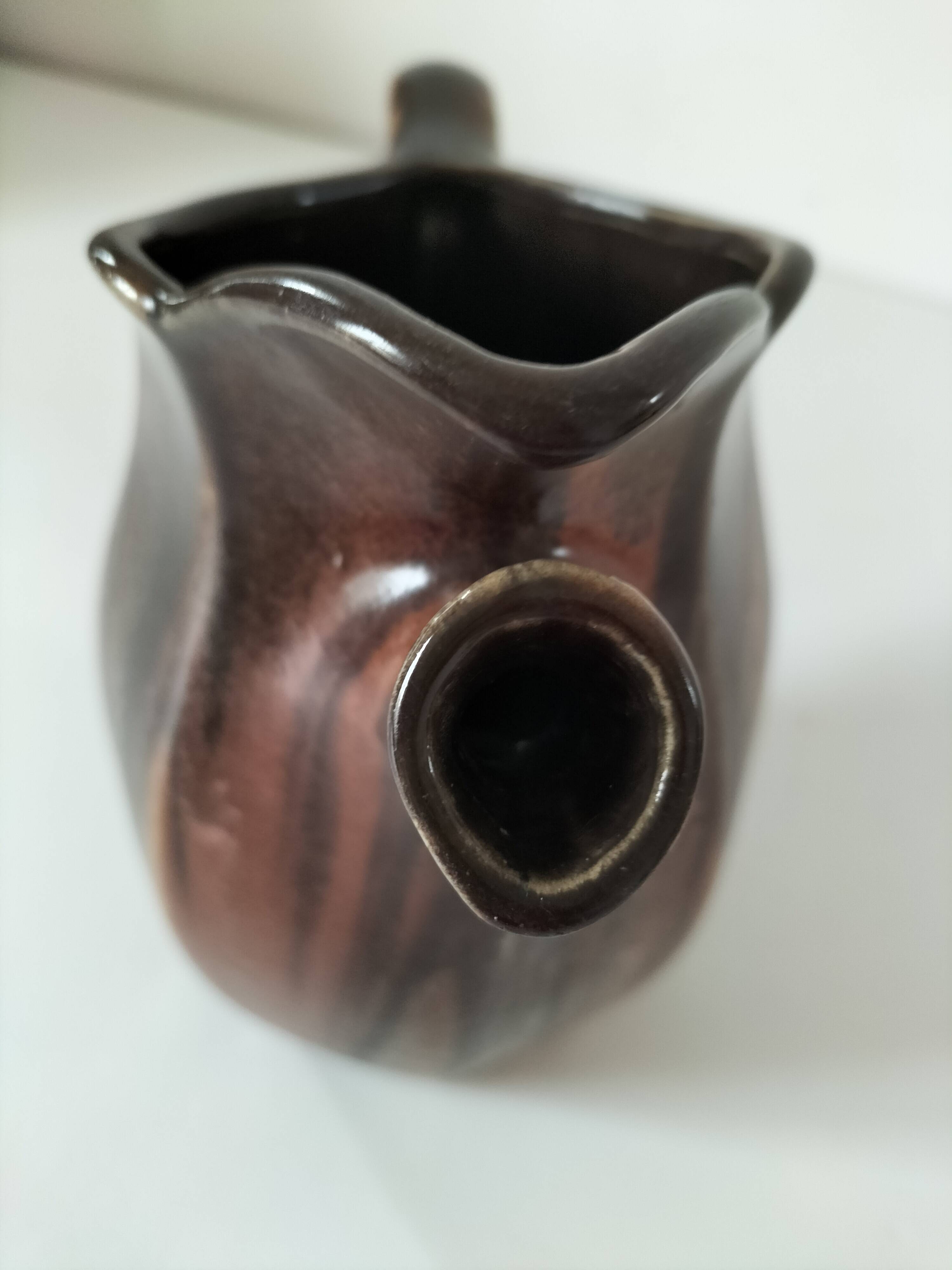 Vintage Belgian ceramic sculptural pitcher in chocolate brown.