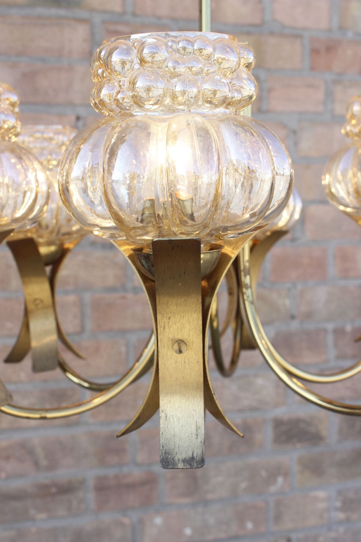 Mid-Century 6-light chandelier in Massive Brass - Iridescent Moulded Glass, Germany 1960s