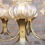 Mid-Century 6-light chandelier in Massive Brass - Iridescent Moulded Glass, Germany 1960s