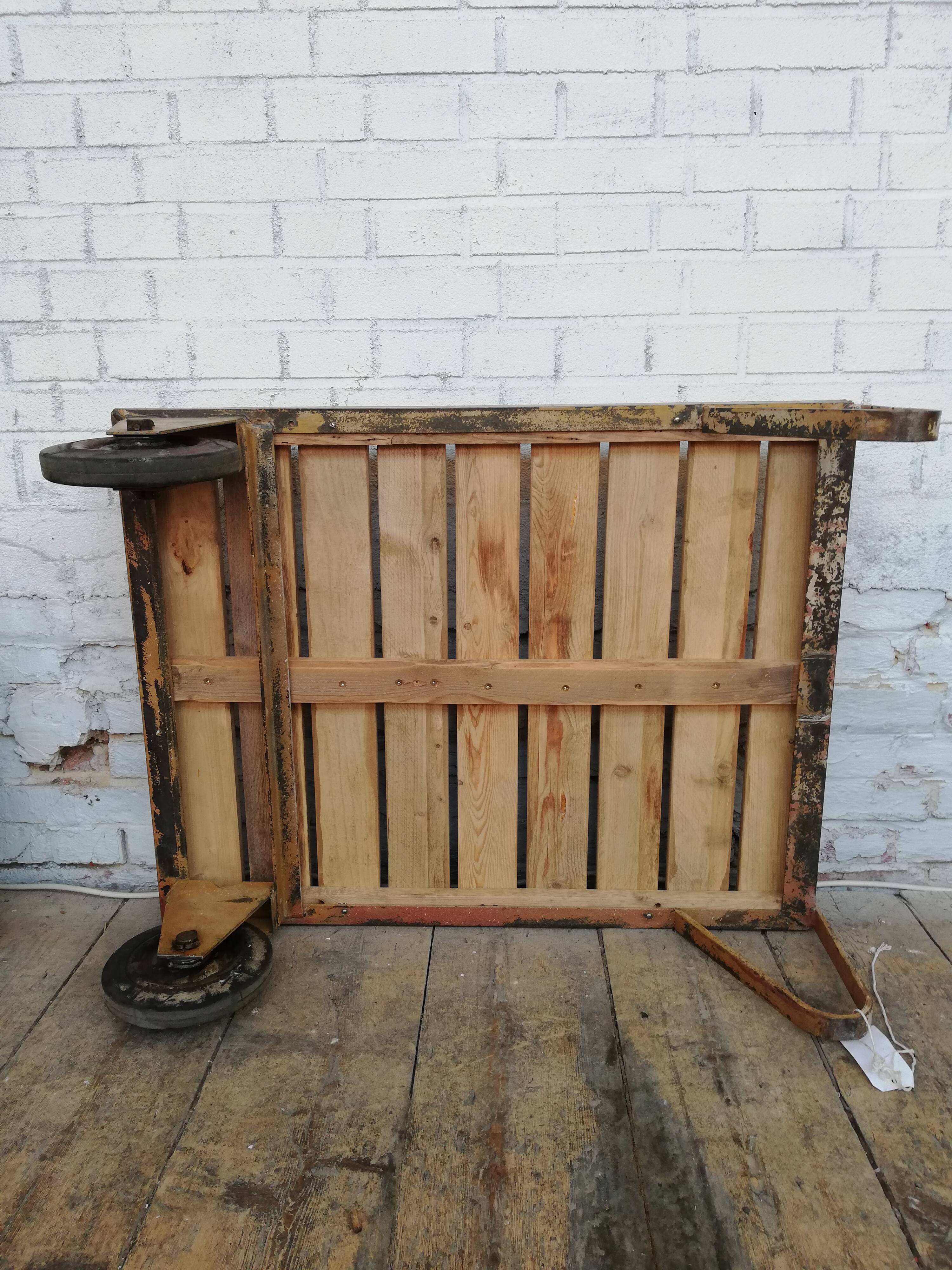 Wooden and metal coffee table, old industrial trolley