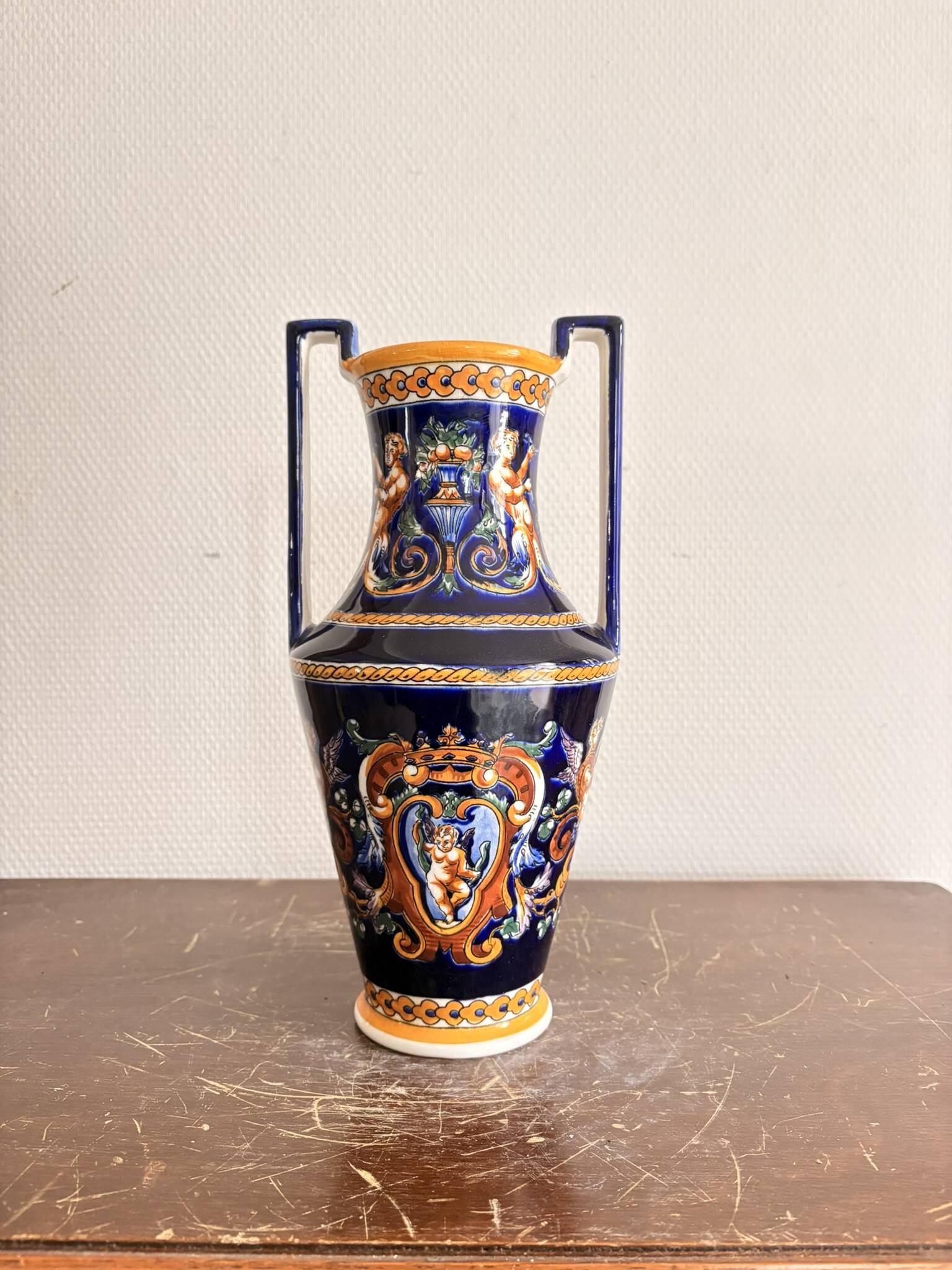 Ancient Double-Handled Vase Faience Gien Renaissance Model Italian Majolica