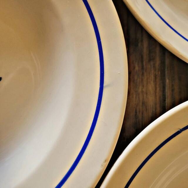 Vintage deep plates in ADP earthenware, blue rose patterns.