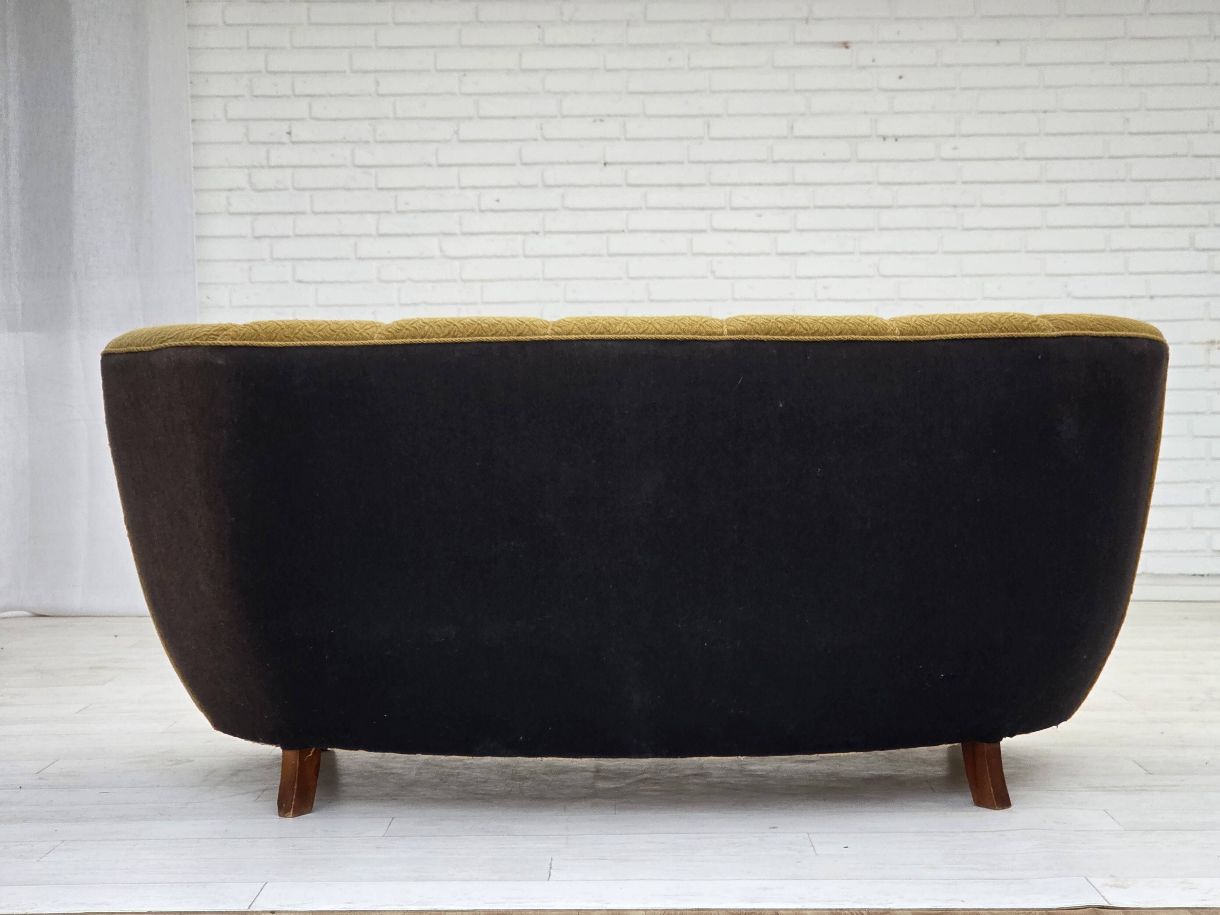 1960s, Danish 2-seater "Banan" sofa, green furniture wool, ash wood.