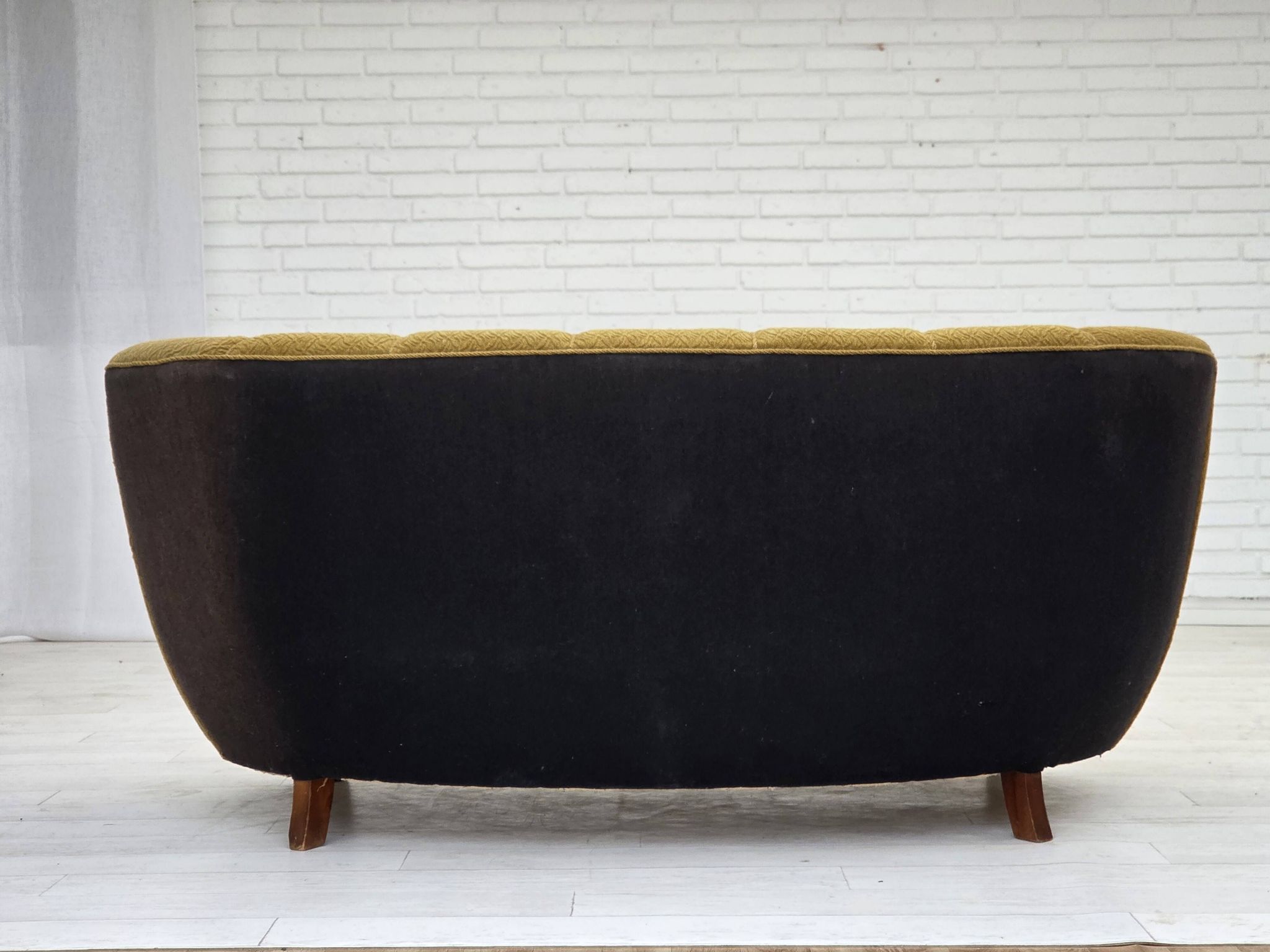 1960s, Danish 2-seater "Banan" sofa, green furniture wool, ash wood.