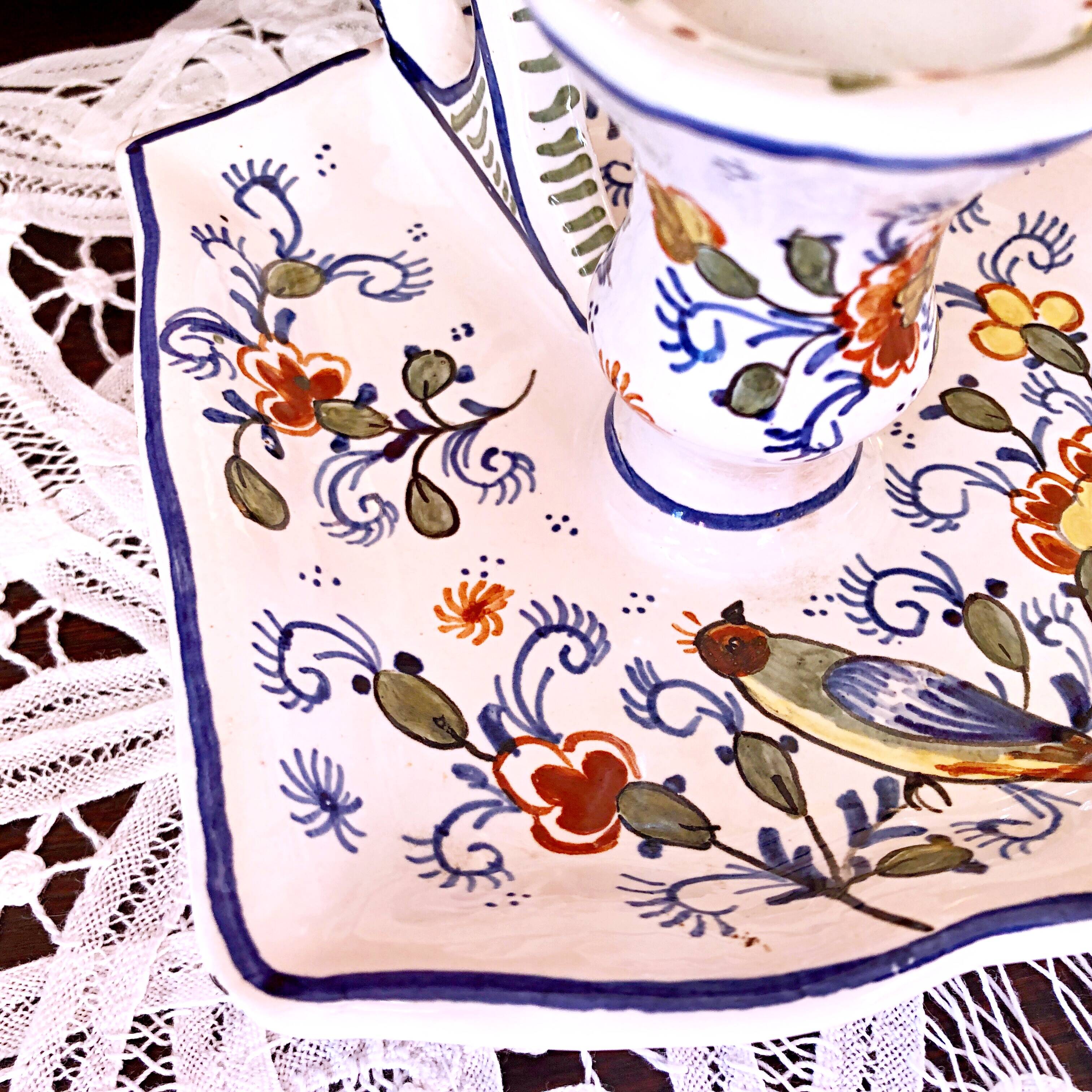 Handcrafted enameled ceramic candle holder signed vintage Rouen style decor