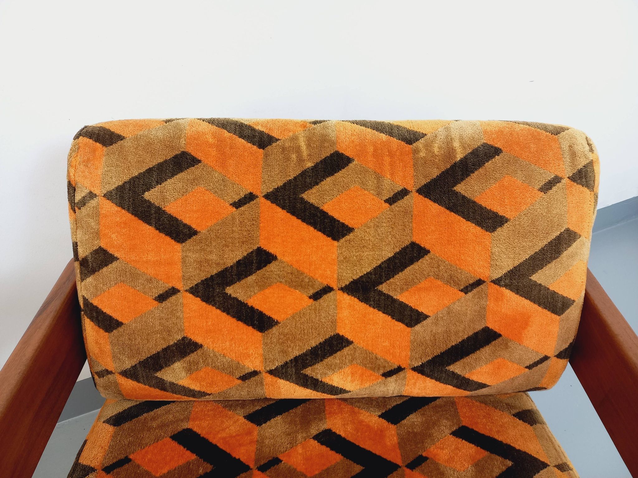 Pair of vintage walnut and velvet fabric sleigh armchairs from the 70s