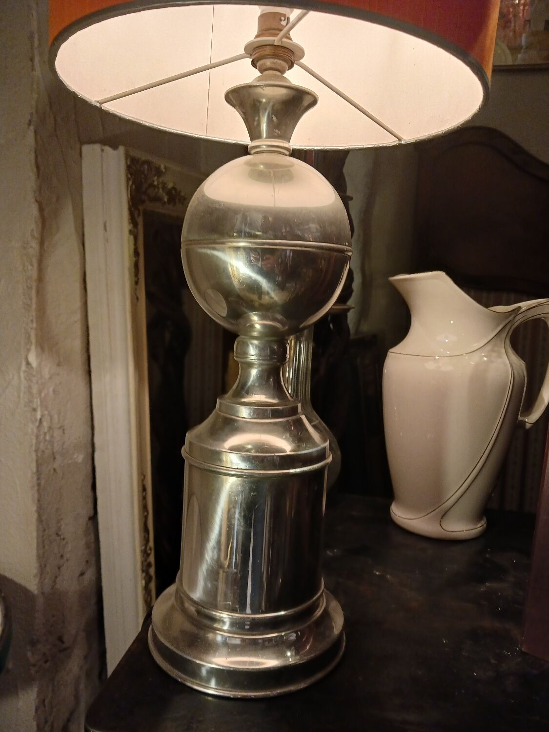 Chrome metal lamp 1970, vintage orange lampshade