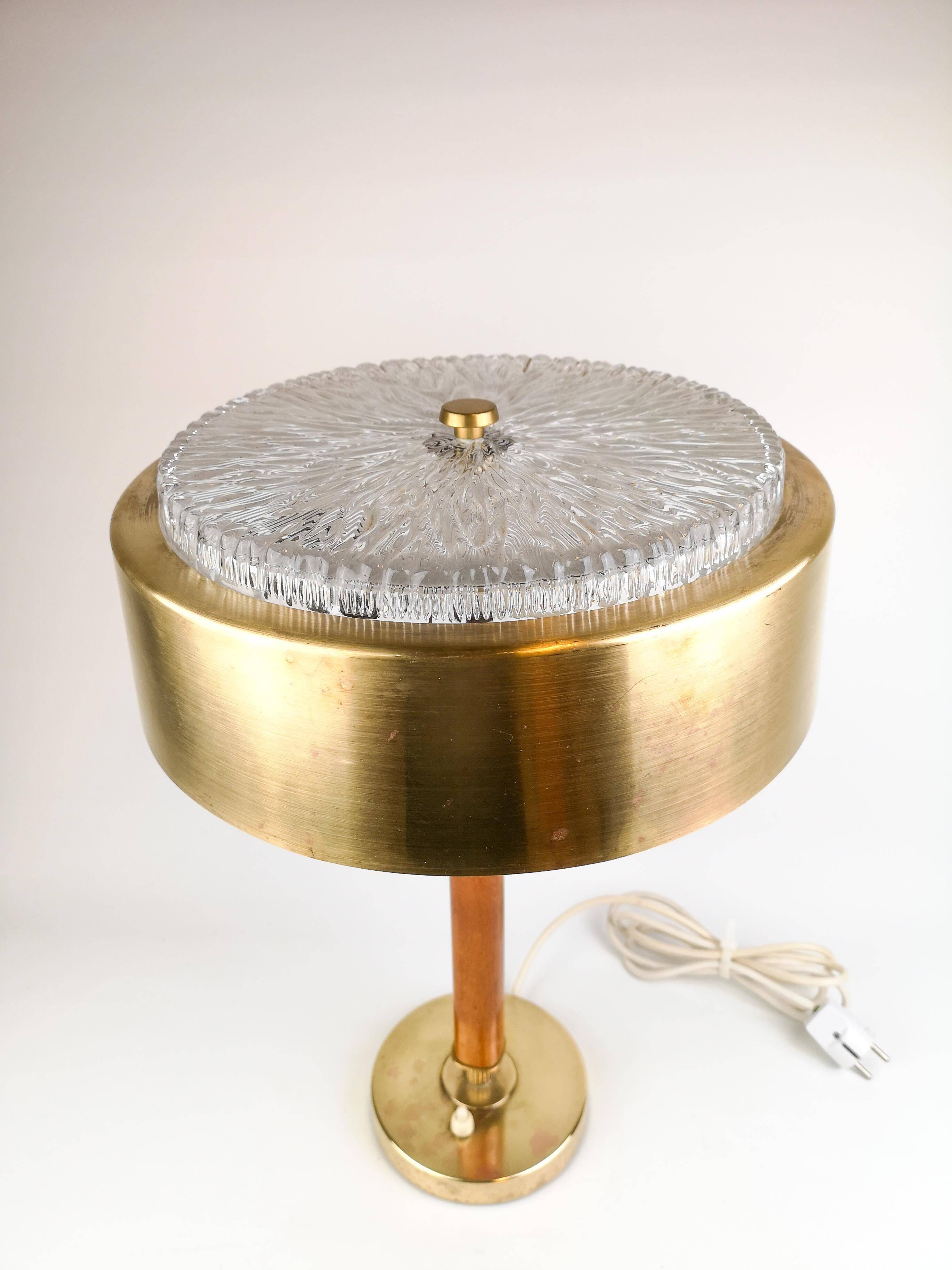 Mid-century Swedish table lamp in brass, crystal, and wood by Boréns.