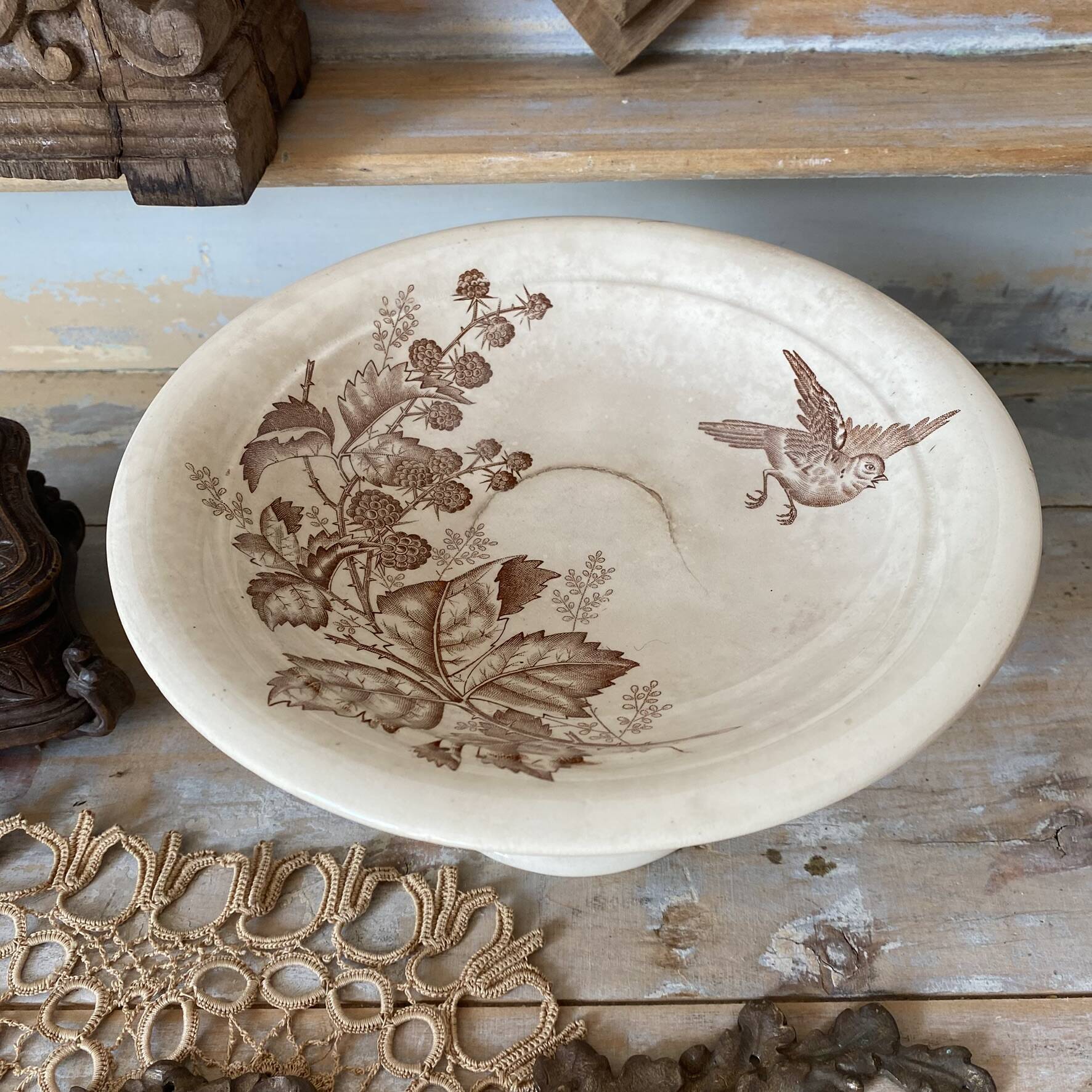 Sepia ironware compote dish, antique fruit bowl.