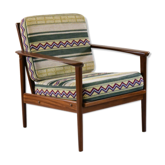 Vintage teak armchair covered with Pierre Frey fabric