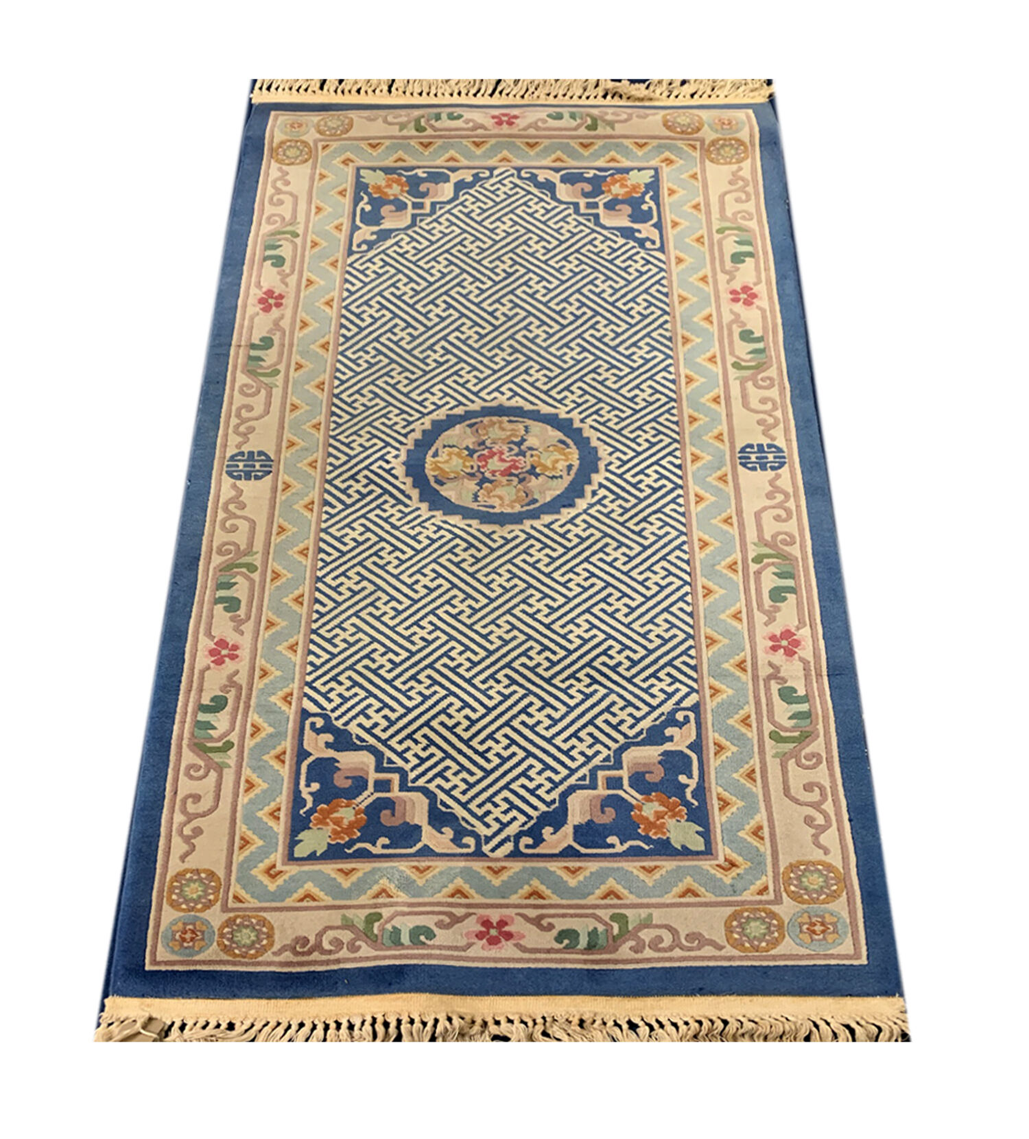 Handmade Blue Wool Chinese Rug- 92x185cm