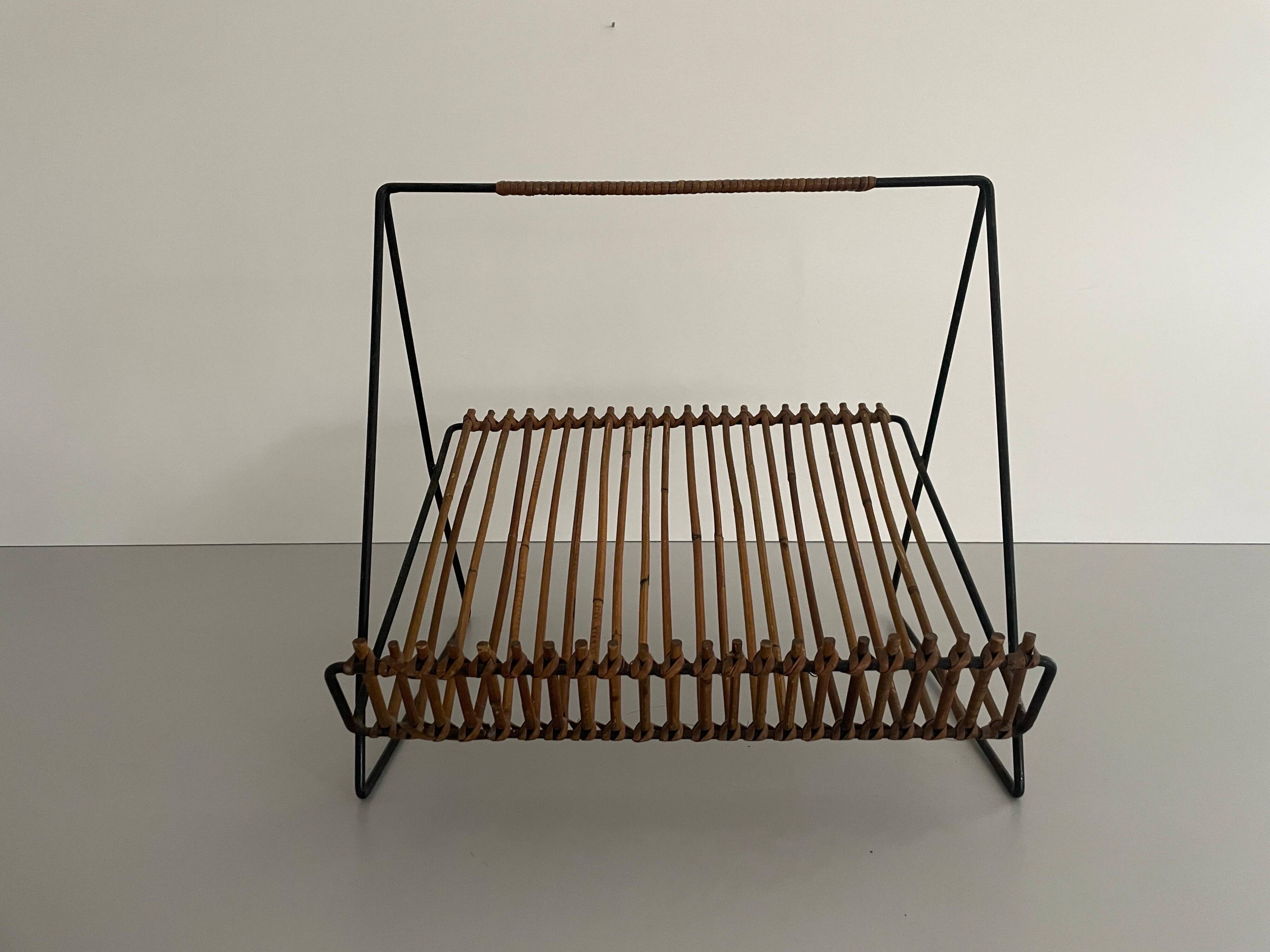 Mid-century black metal and rattan magazine rack, 1960, Italy