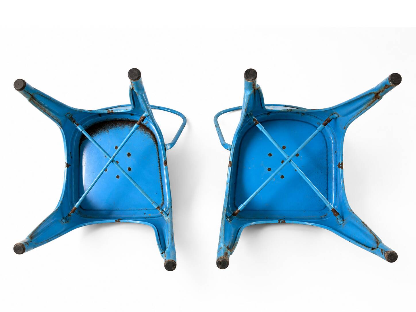 Set of 4 Tolix chairs, 2 yellow, 2 blue. 1960s edition.