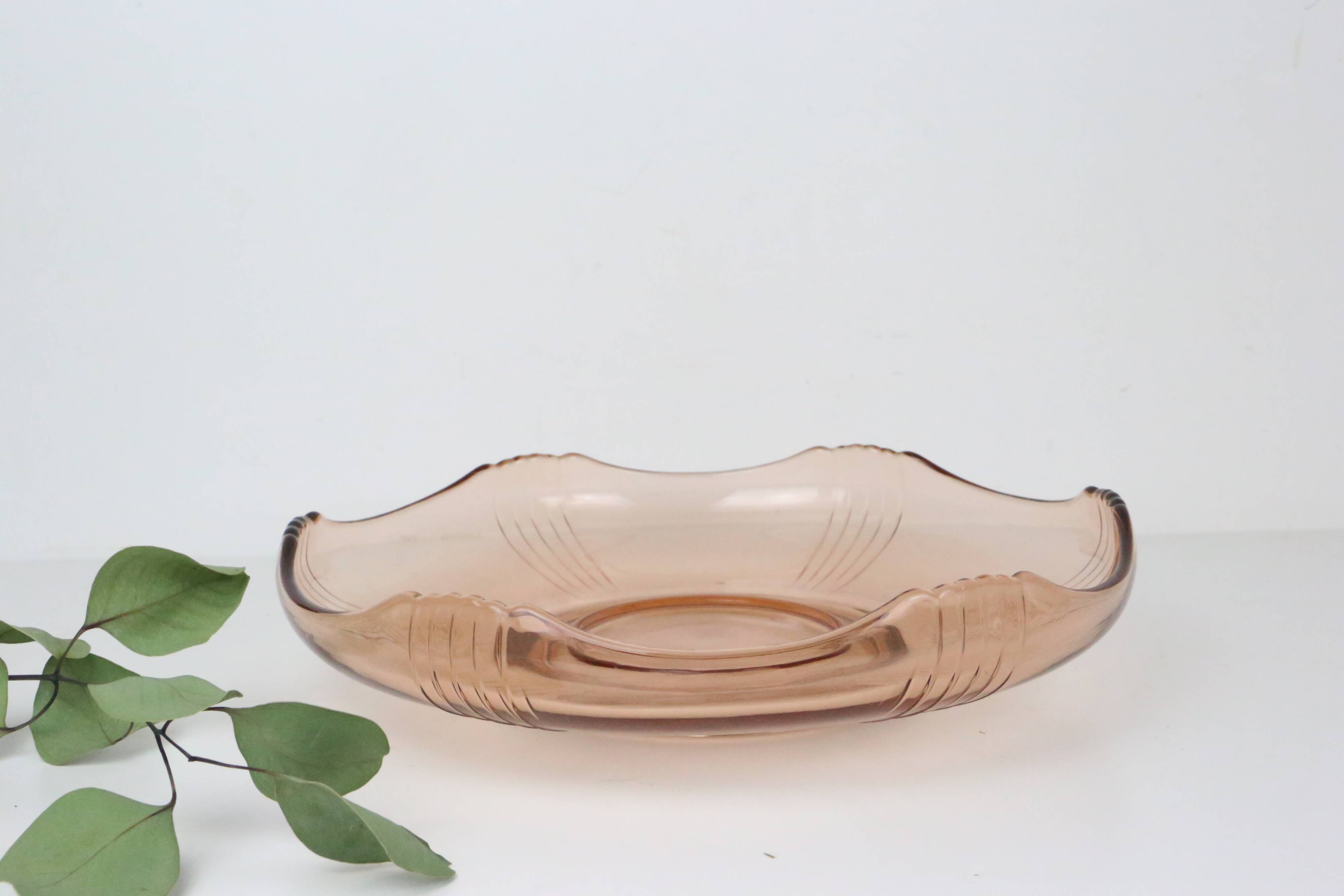 Round pink glass dish, empty pocket or salad bowl, molded glass, art deco