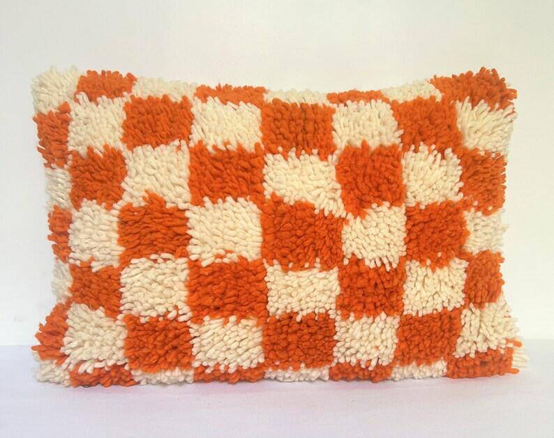 Orange Berber cushion for home decor Checkered pillow cover Moroccan cushion C
