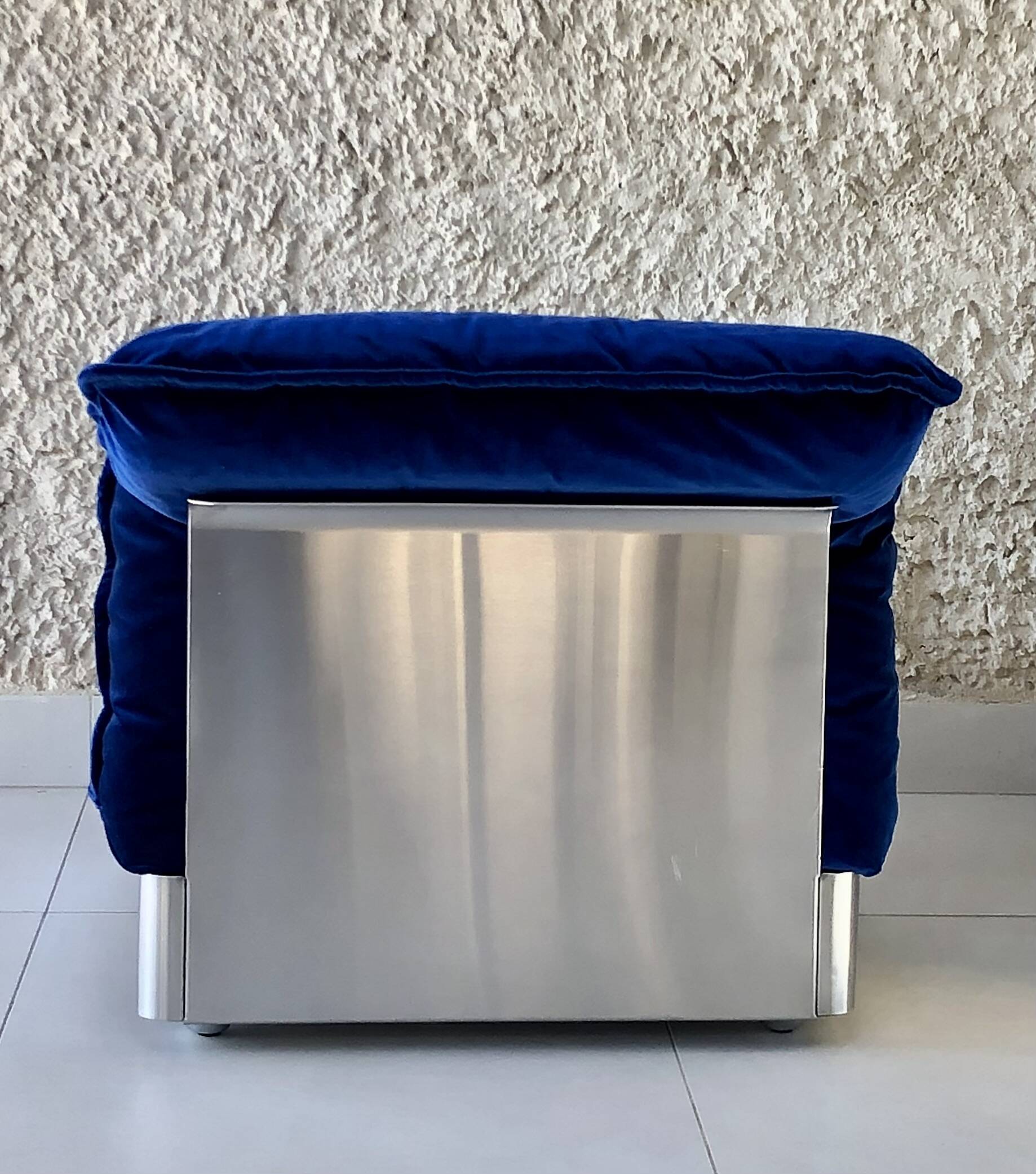 Stainless steel and royal blue velvet armchair, France, 1970s