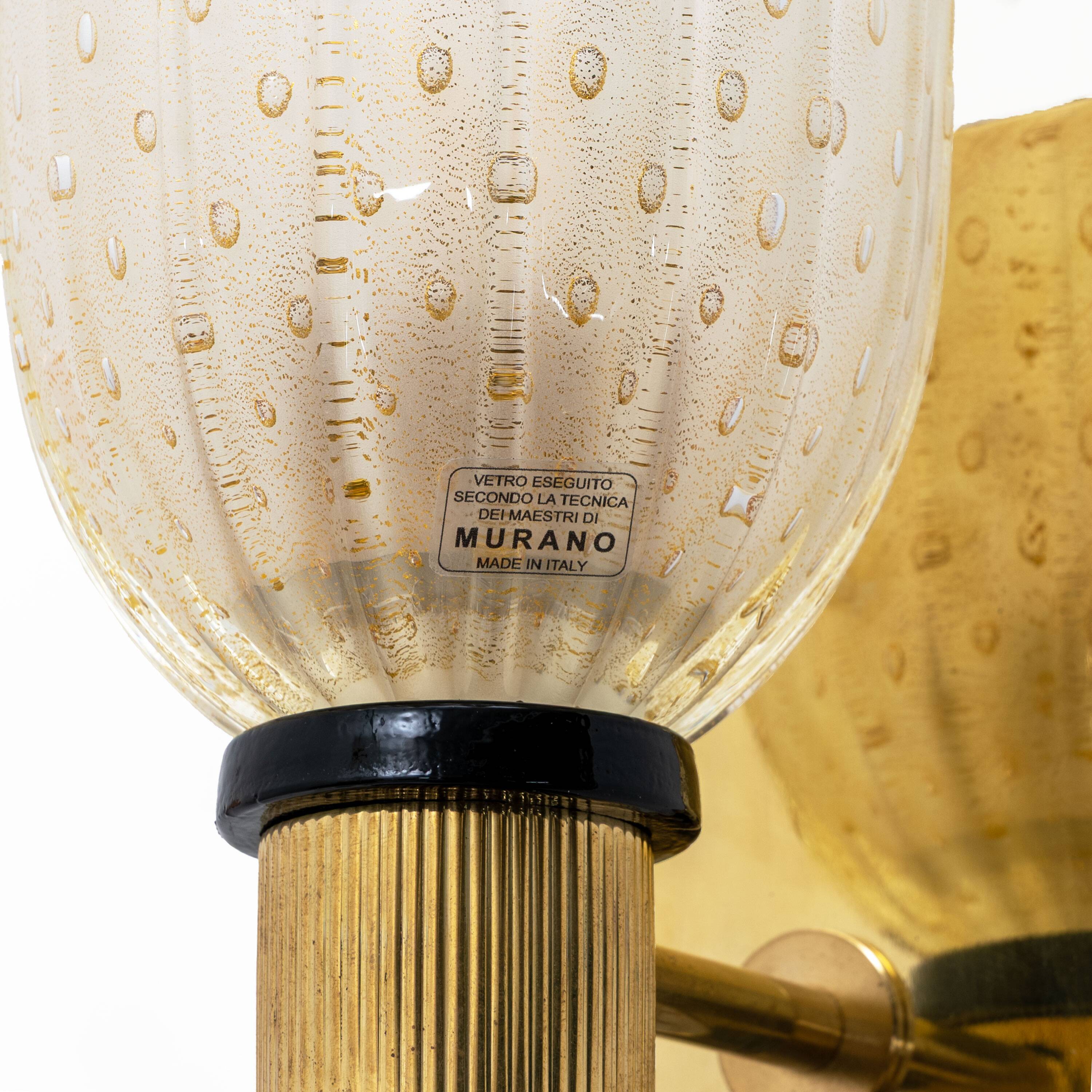 Pair of Italian Murano Glass  Sconces with Gold Dust Inclusions and Brass