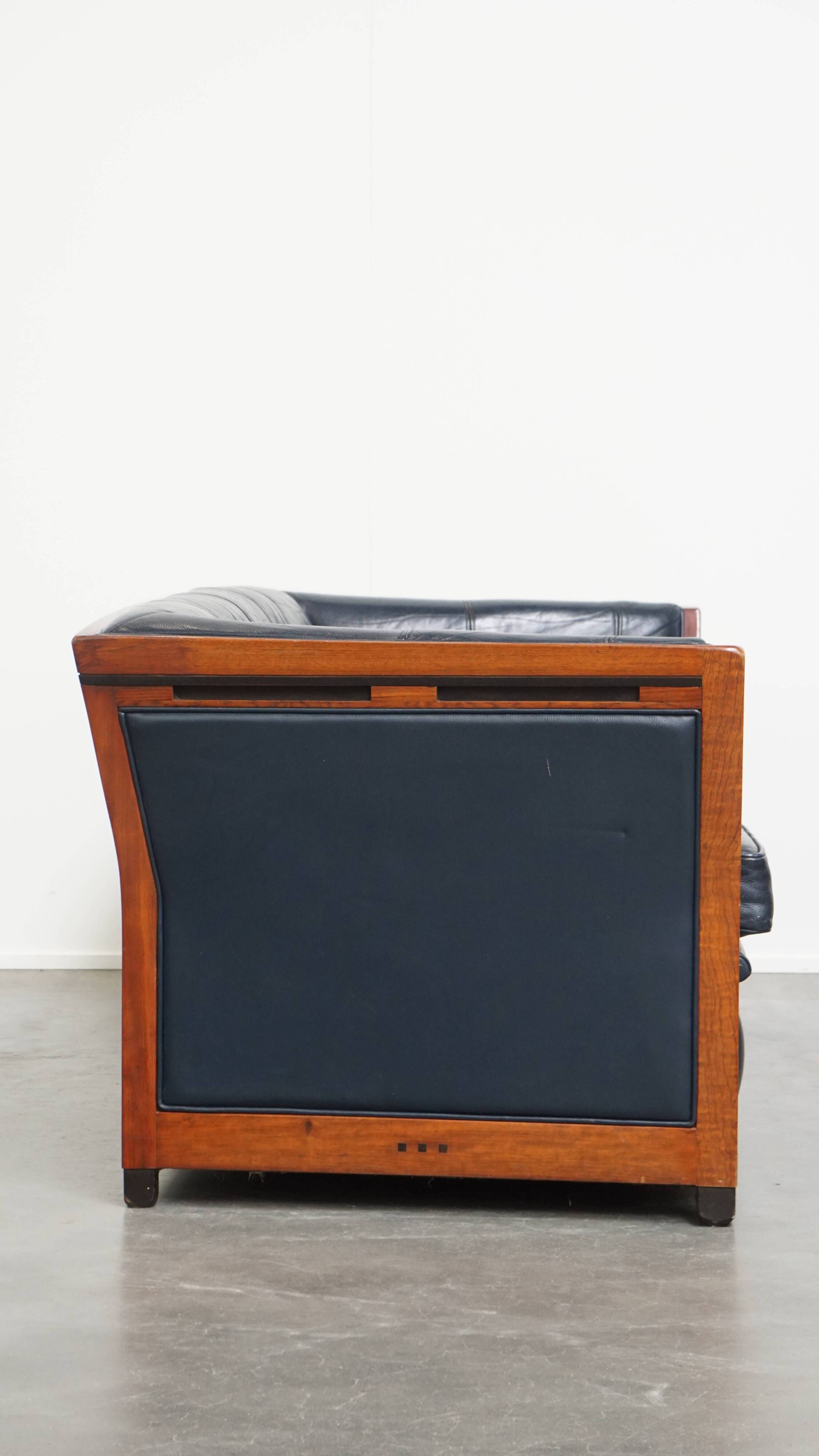 2.5-Seater Art Deco Sofa with Woodwork and Dark Blue Cowhide Leather