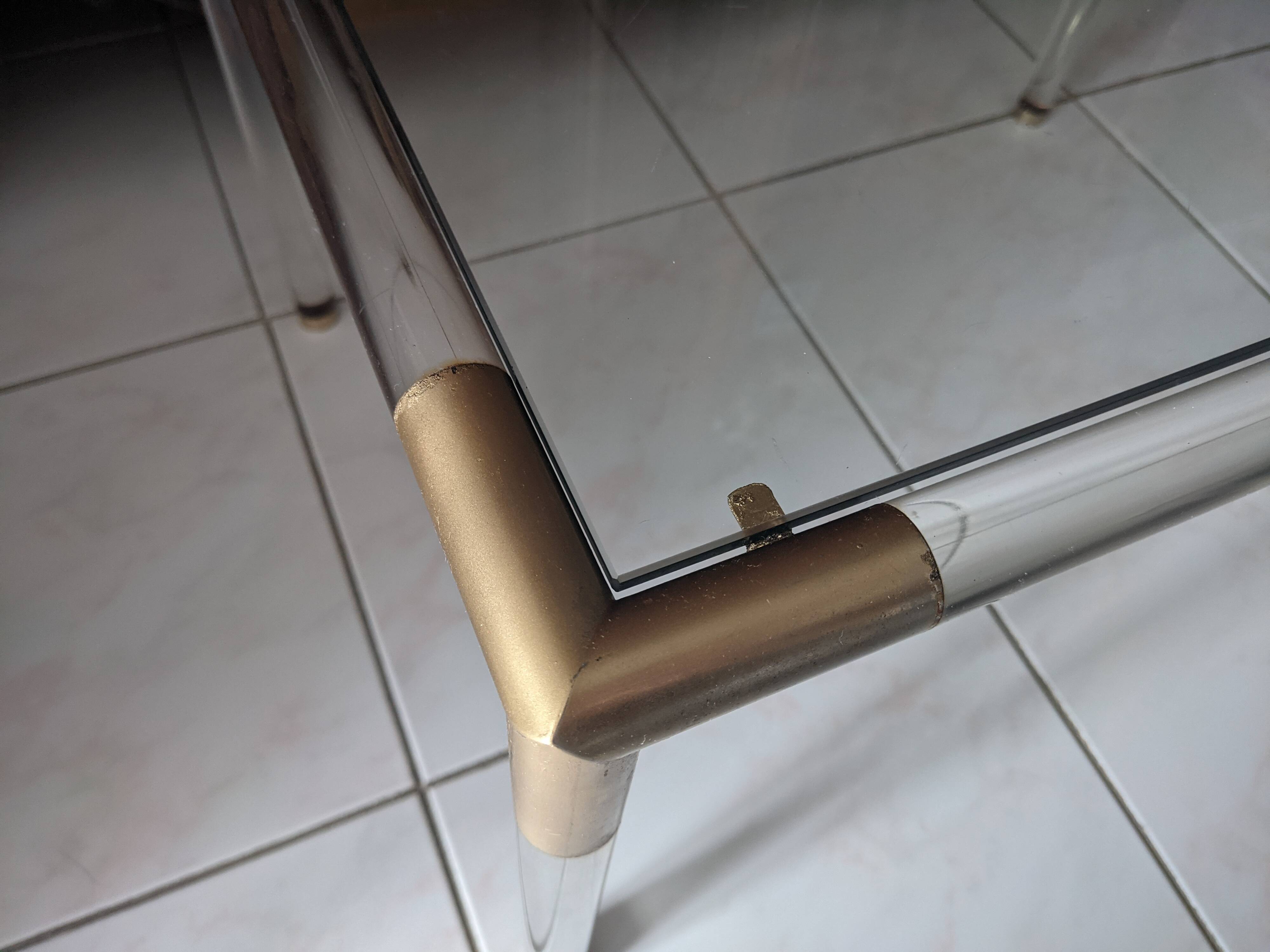 Vintage coffee table in plexiglass, glass and gold metal 1970