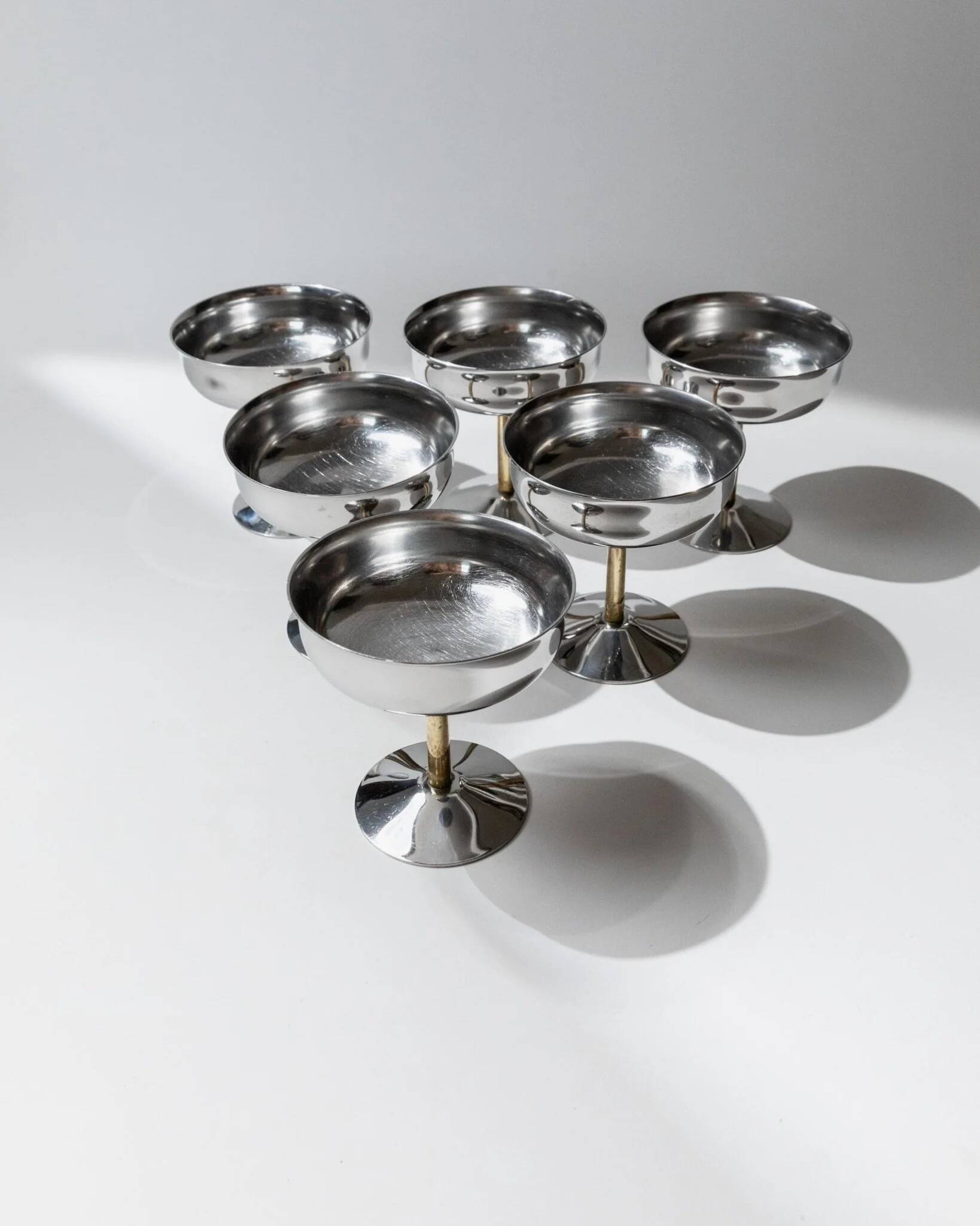 Set of 6 Vintage Champagne Bowls: Argent Stainless Steel with Golden Stem – Italian 1970s Retro Tableware