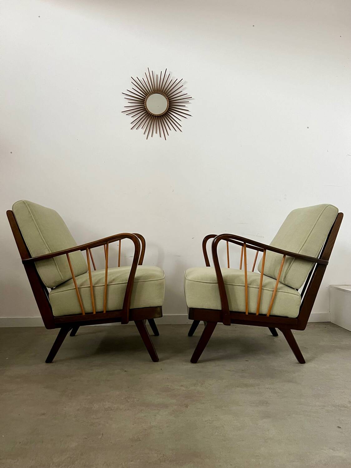 Set 2 old designer fireside chairs from the 50s wood and vintage fabric
