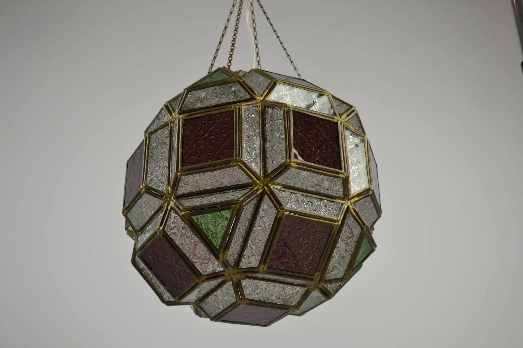 Multicolored Pressed Glass and Brass Pendant Lantern, Scandinavia, circa 1940s–1950s