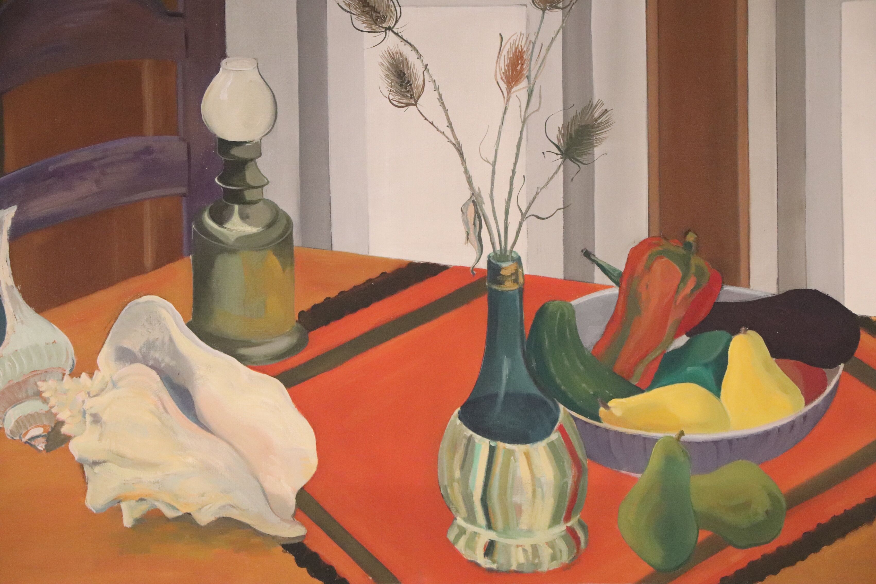 Still life with shells on striped tablecloth, Guy Leclercq, 20th century