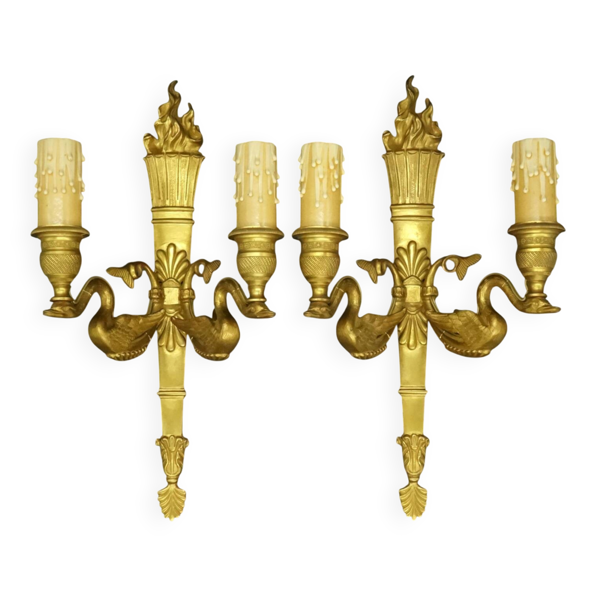 Pair of large wall sconces, torch and swans, Empire style - gilded bronze