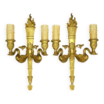 Pair of large wall sconces, torch and swans, Empire style - gilded bronze
