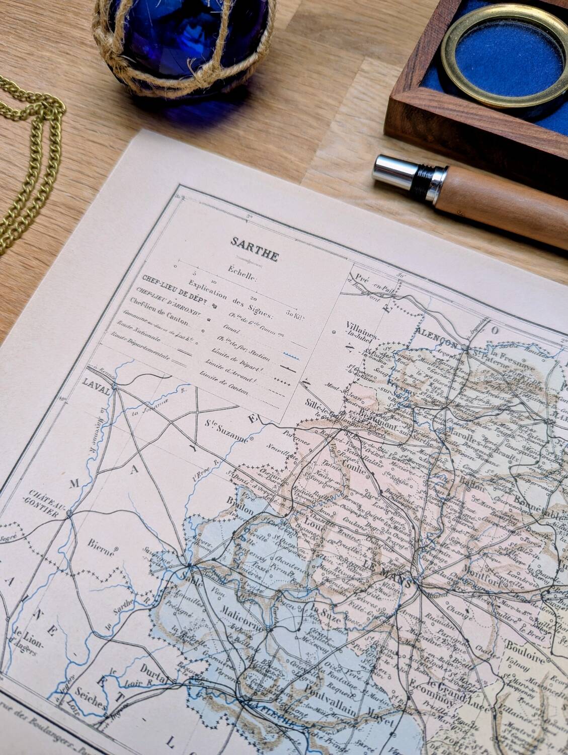 Printed in 1889, map of Sarthe. Authentic Vintage