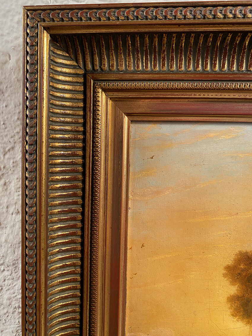 "Animated landscape at sunset", oil on canvas 19th century